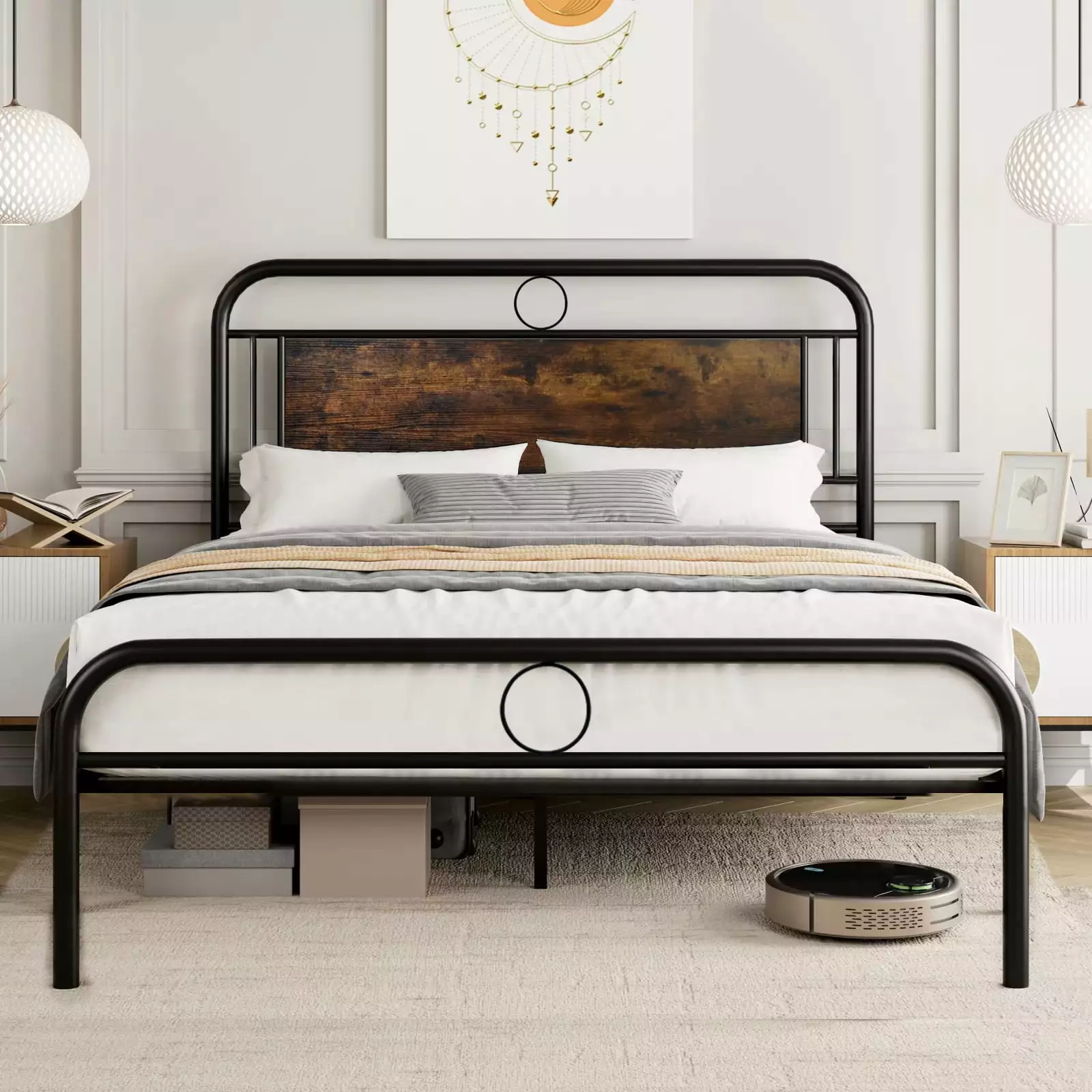 Voilamart Black Queen Size Modern Metal Platform Bed Frame with Vintage Wooden Headboard & Footboard. 8'' Under-Bed Storage