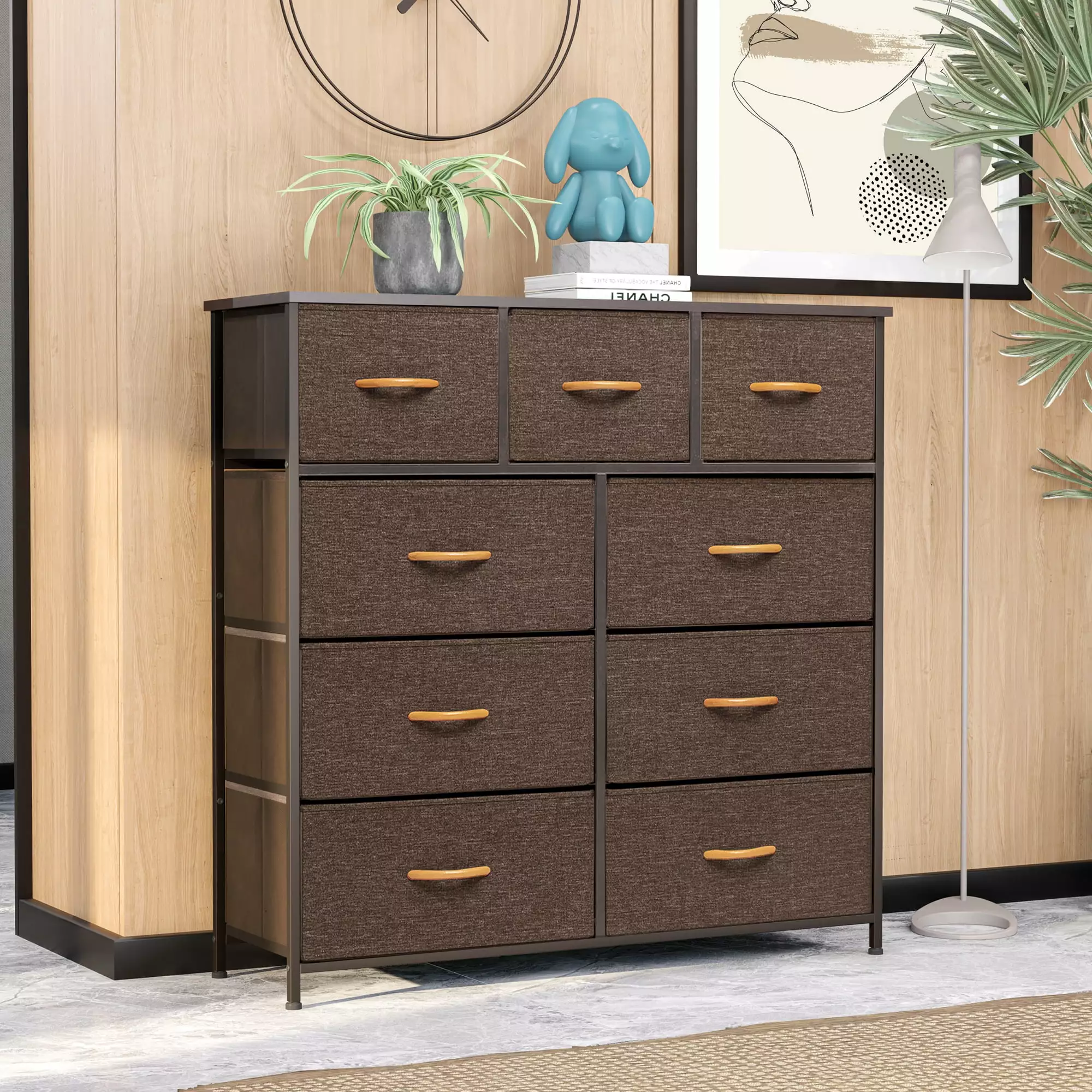 Vredhom Brown 9 Drawers Fabric Wide Closet Dresser Chest