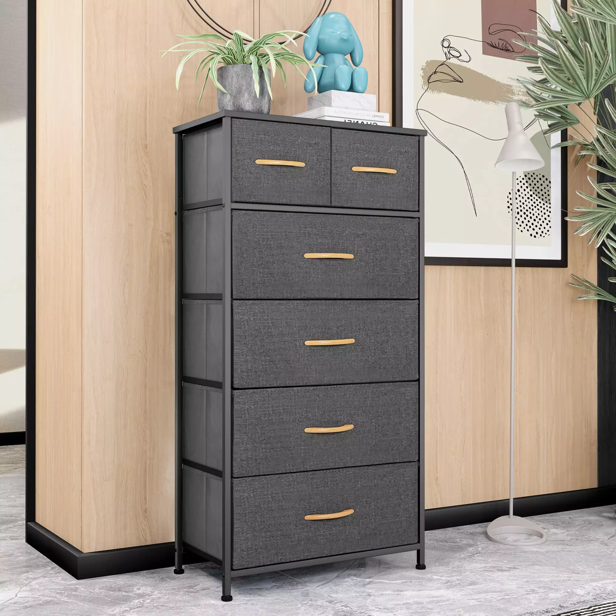 VREDHOM 6 Drawers Vertical Dresser Storage Tower Grey Dark Wood