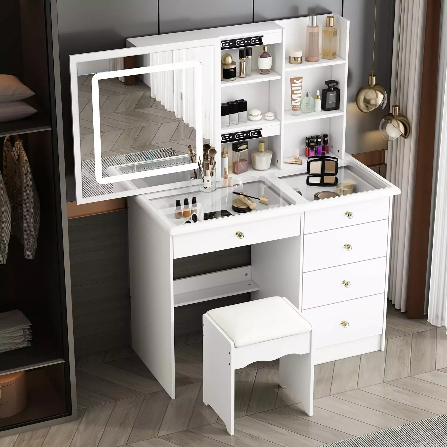 WIAWG Modern Vanity Desk Set with Glass Top. Drawers and Shelves. Makeup Table with Large Sliding Lighted Mirror for Bedroom. White