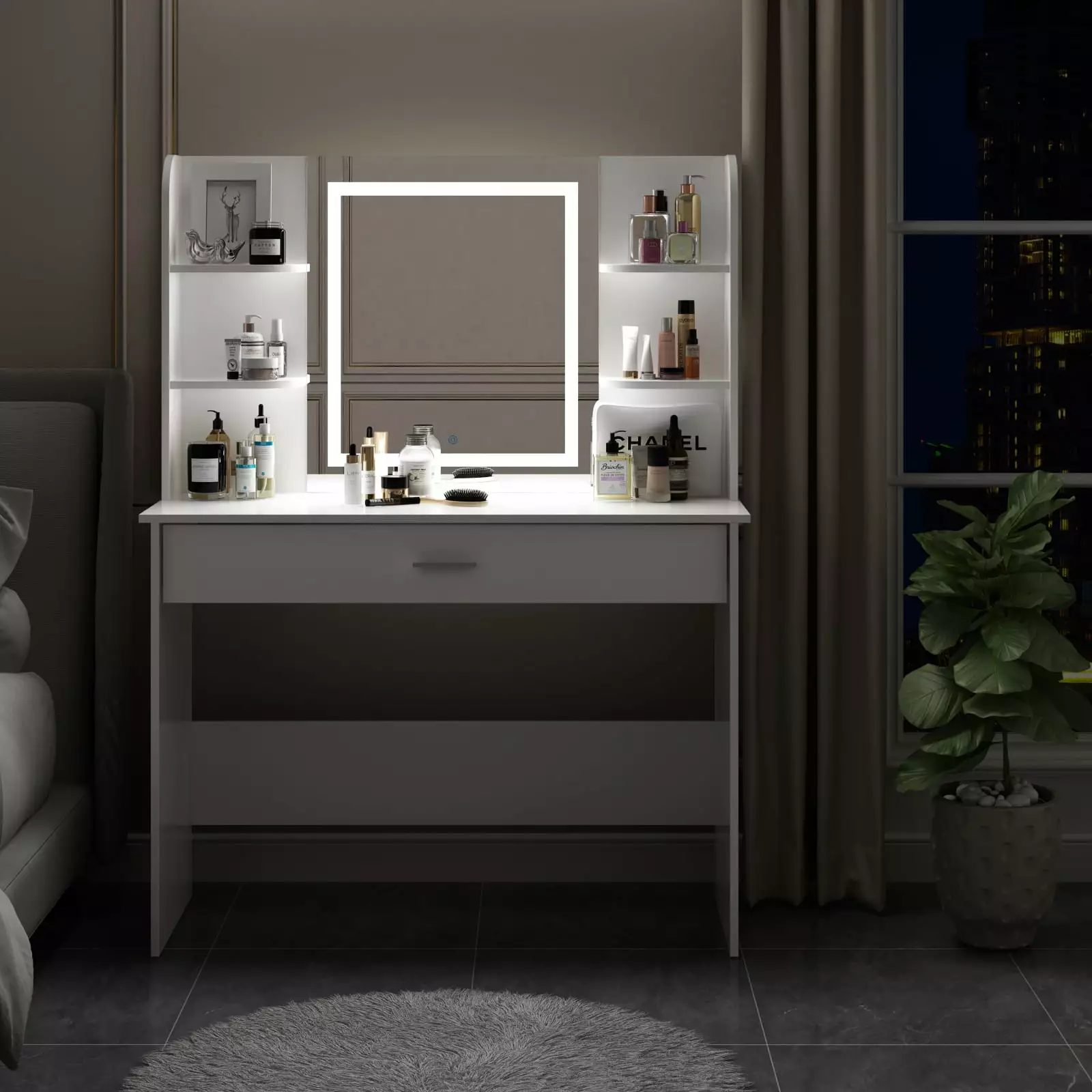 WIAWG Vanity Set with LED Lighted Mirror. Makeup Table Dressing Desk with Storage Shelves and Drawer for Bedroom