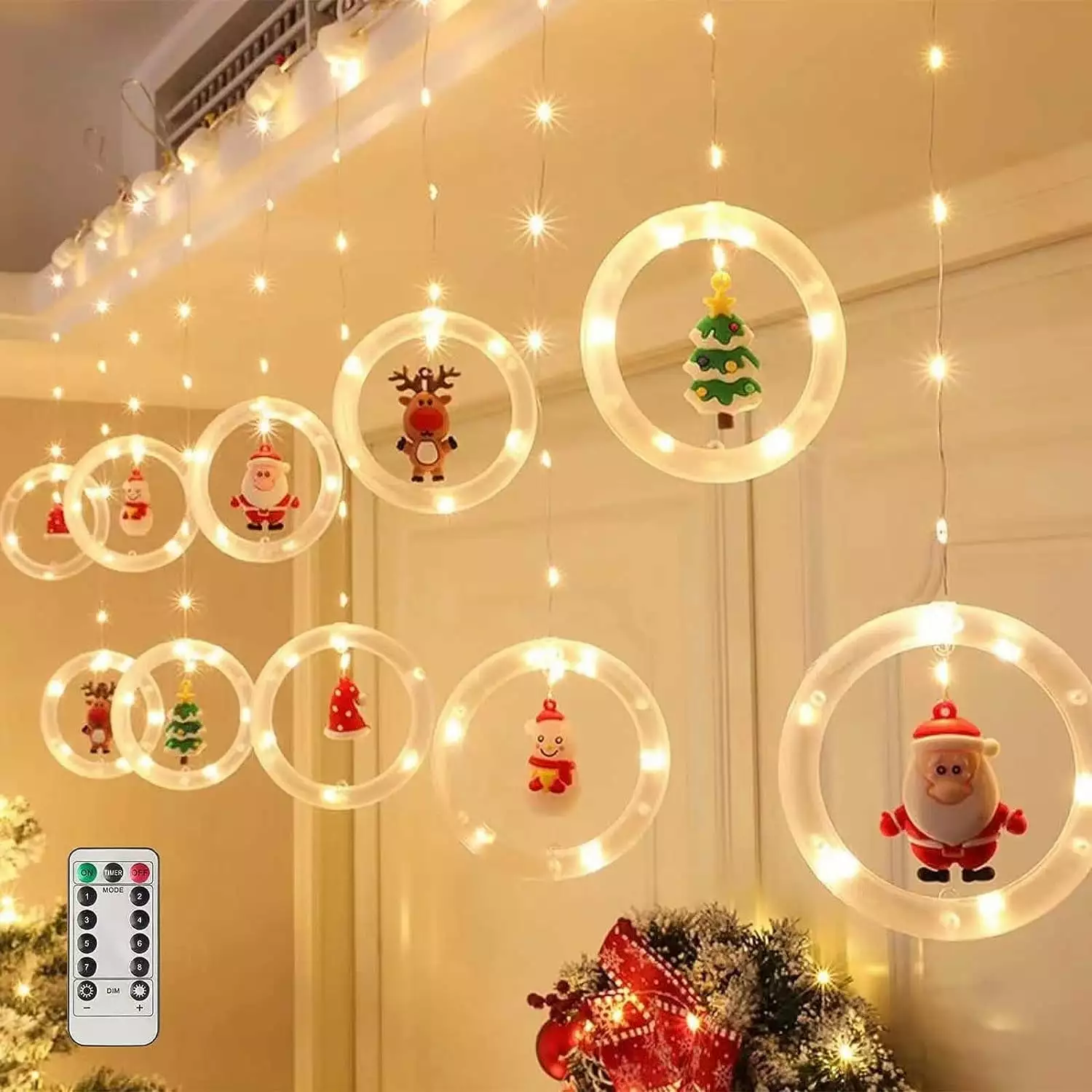 WILLED Christmas String Lights. 120 LED Window Curtain Lights with Christmas Ornaments. 9.8ft USB Powered Warm White Waterproof Fairy Lights Indoor Outdoor for Xmas Tree Patio Garden Party Home Decor