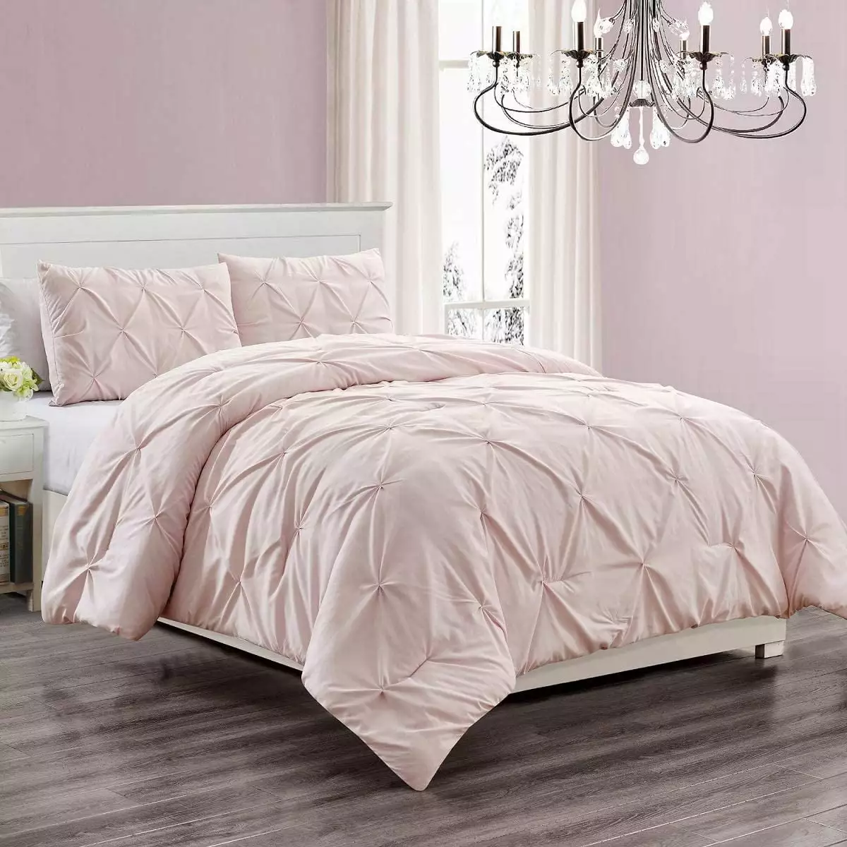 WPM 2 Piece Microfiber Comforter Set Pinch Pleat Pintuck Down Alternative Bedding - All Season TWIN Rose Blush Pink Girls Bedroom Decor- JN1