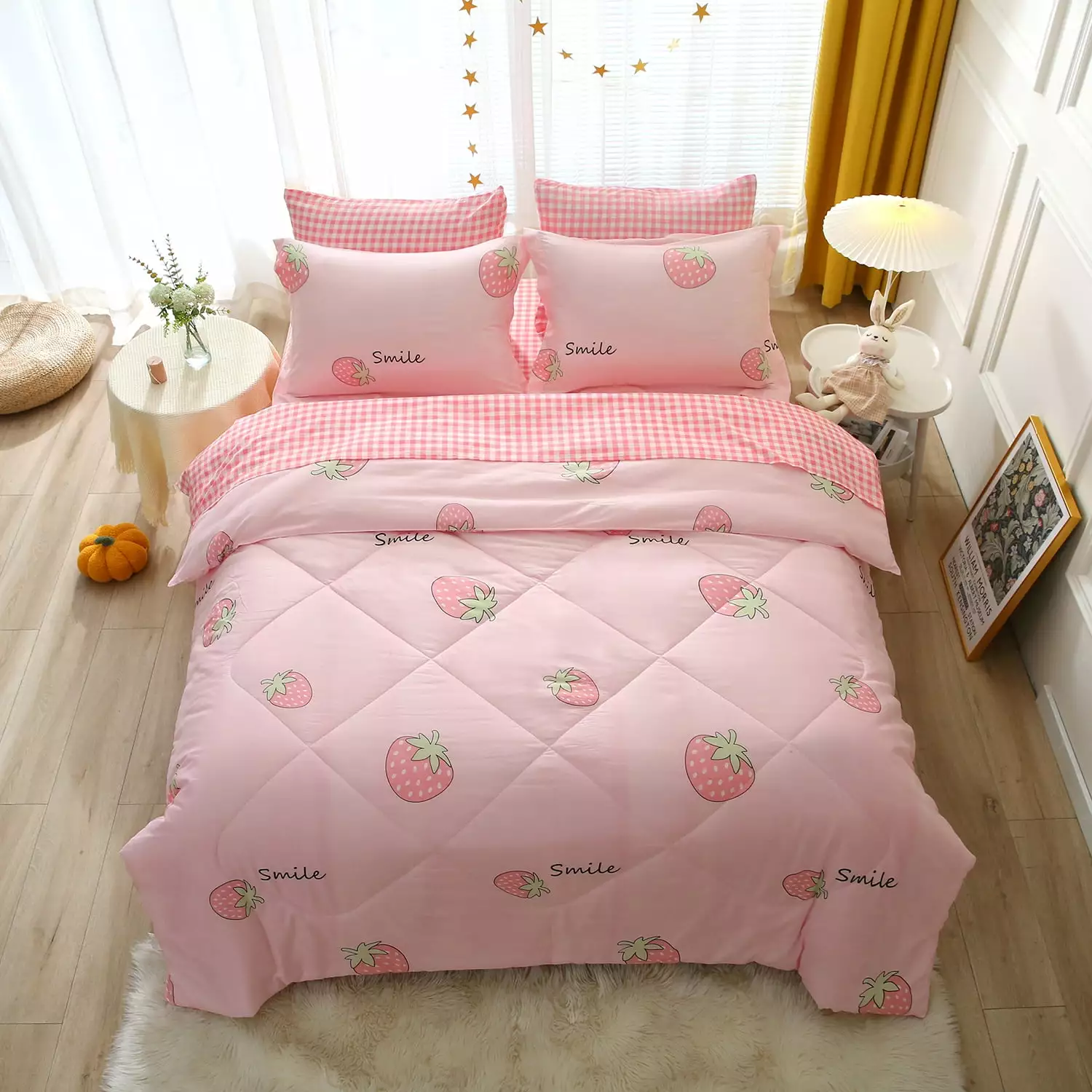 Wajade Girls Strawberry Comforter Set Full Size 7 Piece Bed in A Bag Pink Grid Bedding Set for Kids Girls Teens Super Soft All Season