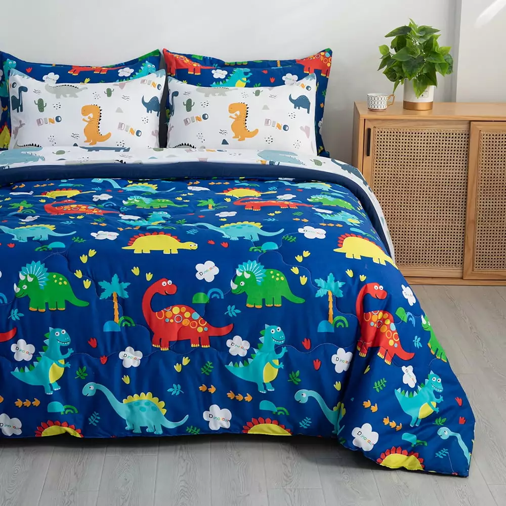 Wajade Kid Boys Comforter Set 7 Piece Bed in a Bag Bedding Set -3D Blue Dinosaur Wild Park Jungle Print Bedding Set with Comforter. Sheet Set. Pillowcase and Sham. Full Size