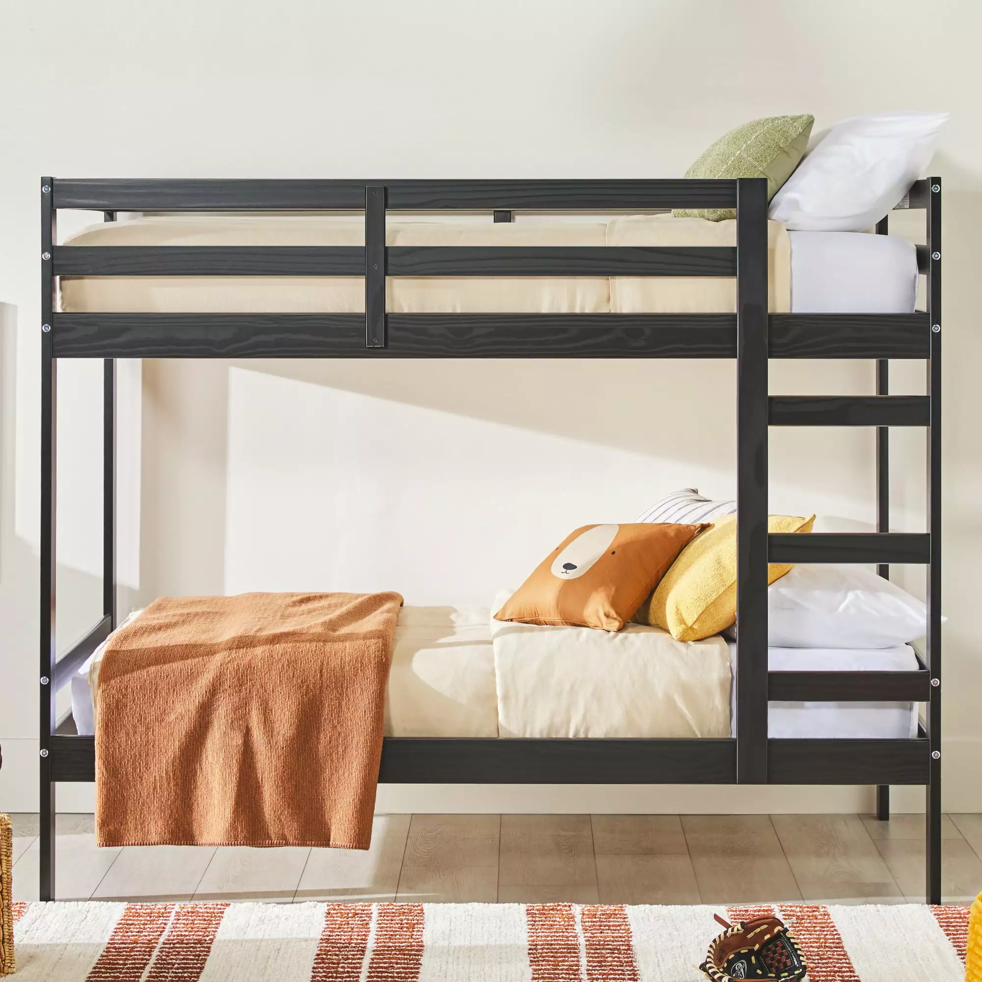 Walker Edison Modern Solid Wood Twin over Twin Bunkbed. Black