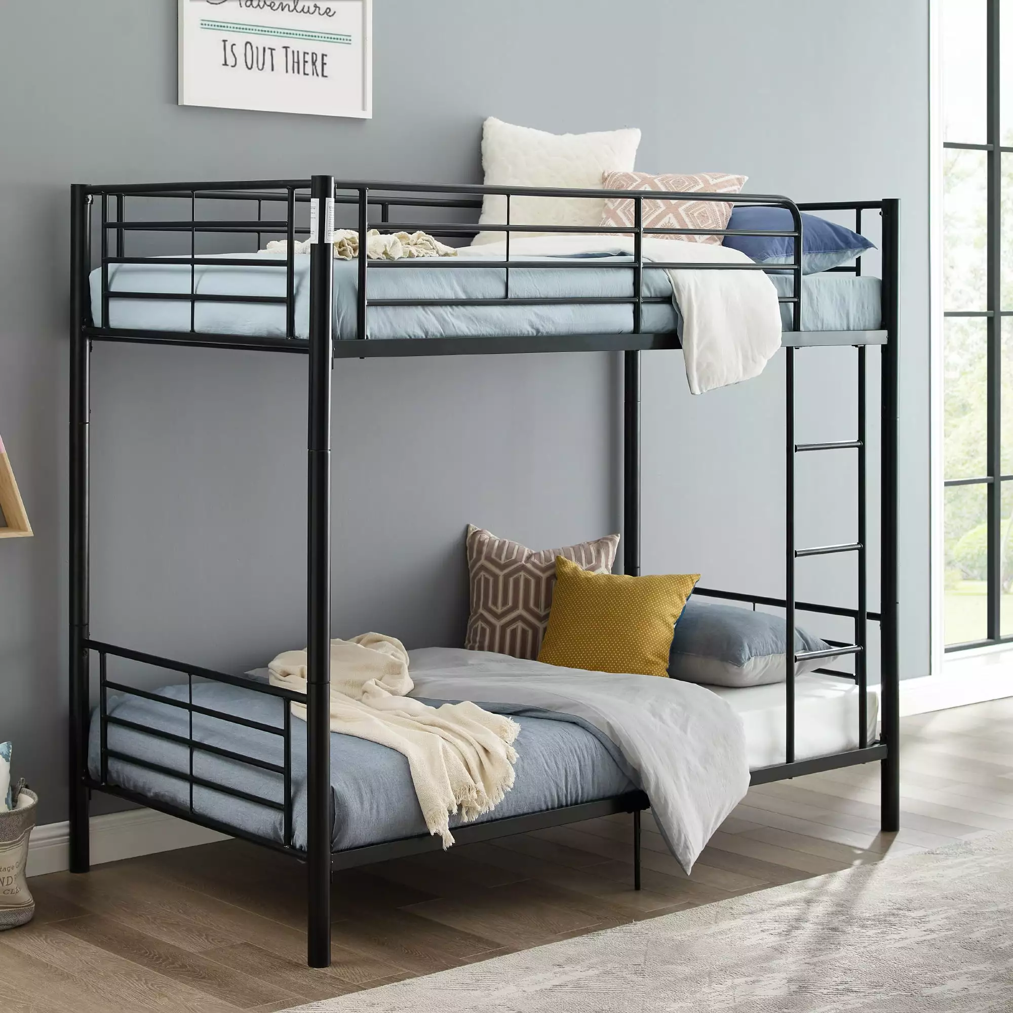 Walker Edison Premium Twin Over Twin Black Metal Bunk Bed. Black