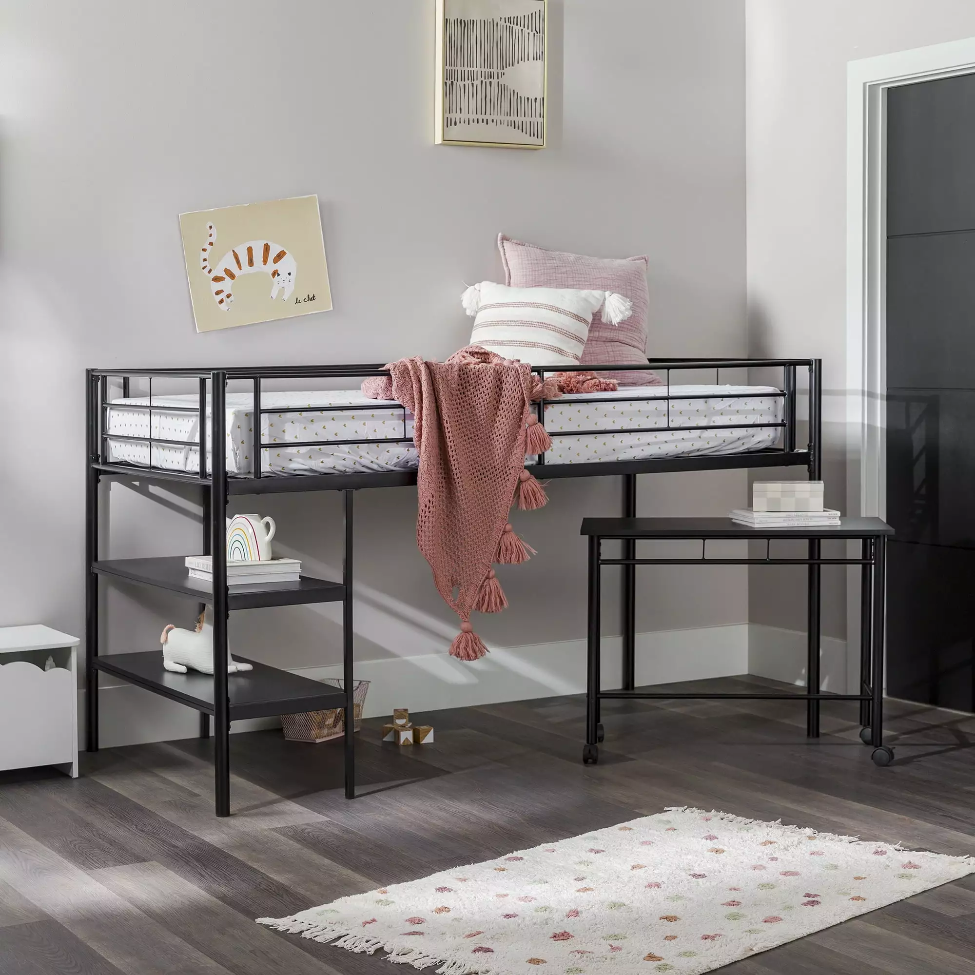 Walker Edison Twin Metal Loft Bed with Desk and Shelving. Black