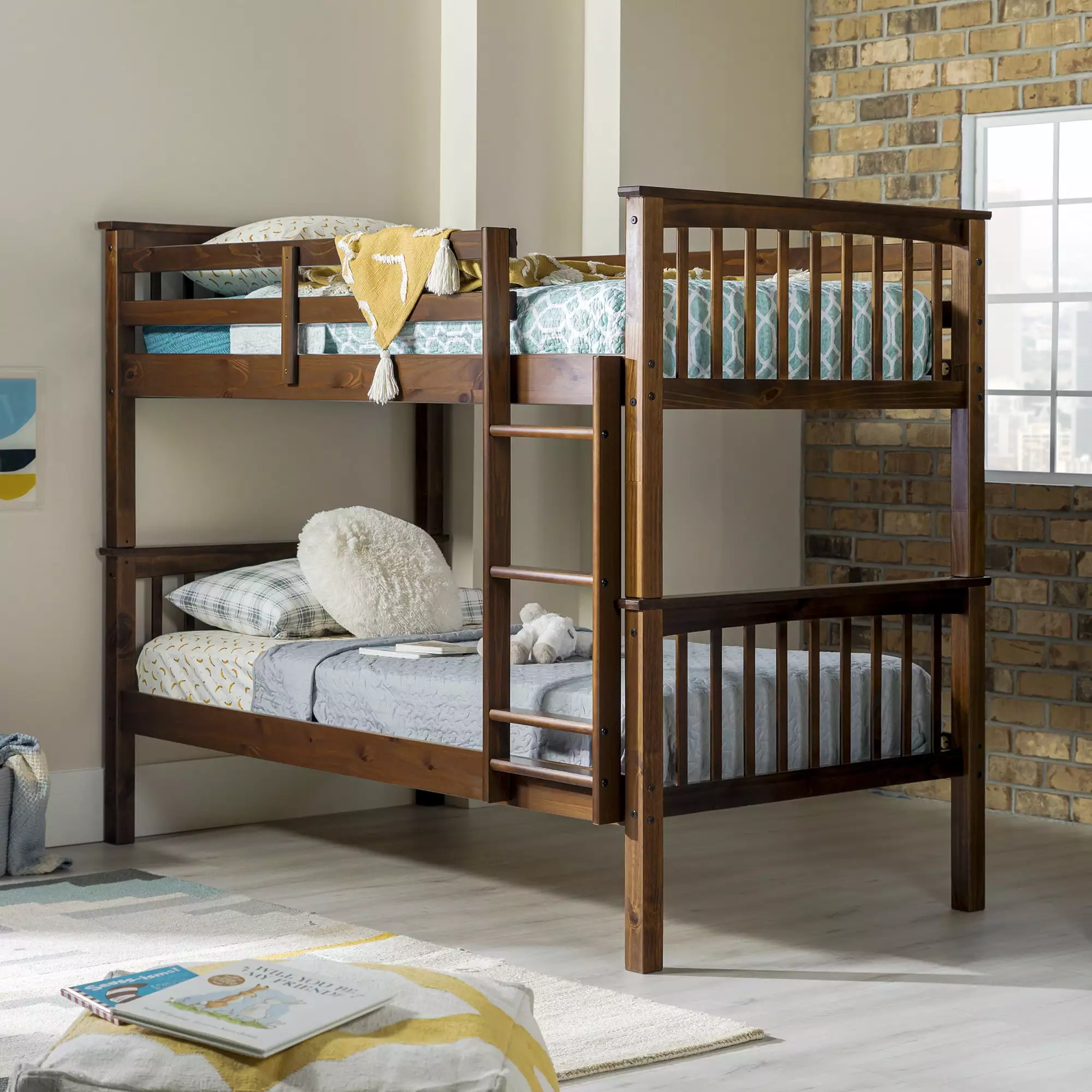 Walker Edison Twin Over Twin Solid Wood Mission Design Bunk Bed. Walnut