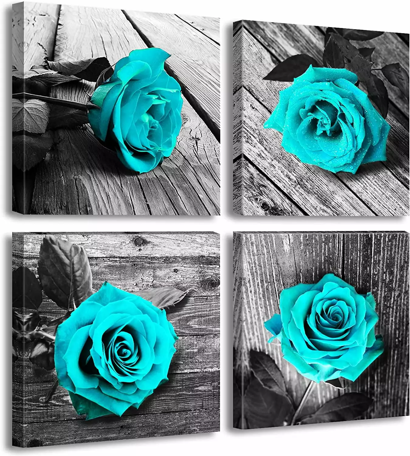 Wall Art for Bedroom Decor Women Living Room Accessories Canvas Prints Turquoise Flower Pictures Black and White Teal Rose Floral Paintings 4 Pieces/Sets Modern Posters Framed Artwork Decorations