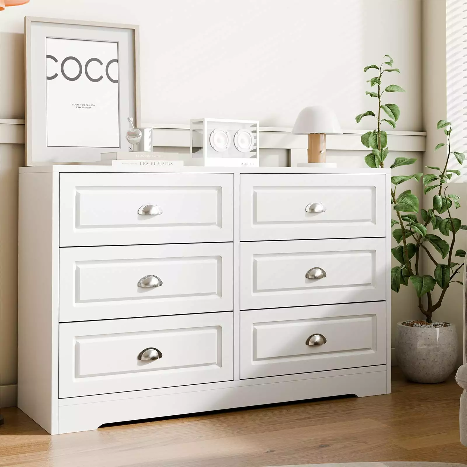 Walsunny 6 Drawer Double Dresser White Wooden Wide Chest of Drawers with Metal Handles Storage Organizer Dresser Nursery Dresser for Living Room Hallway