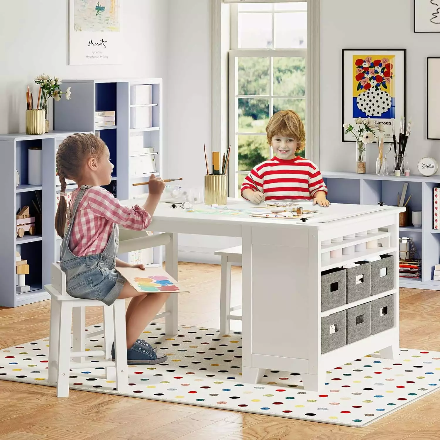 Wanan Kids Art Table and Chair Set with 2 Chairs. Wooden Kids Craft Table with Storage Shelves. Canvas Bins. Paper Roll. Kids Playroom Table and Chair Set for Drawing. Painting