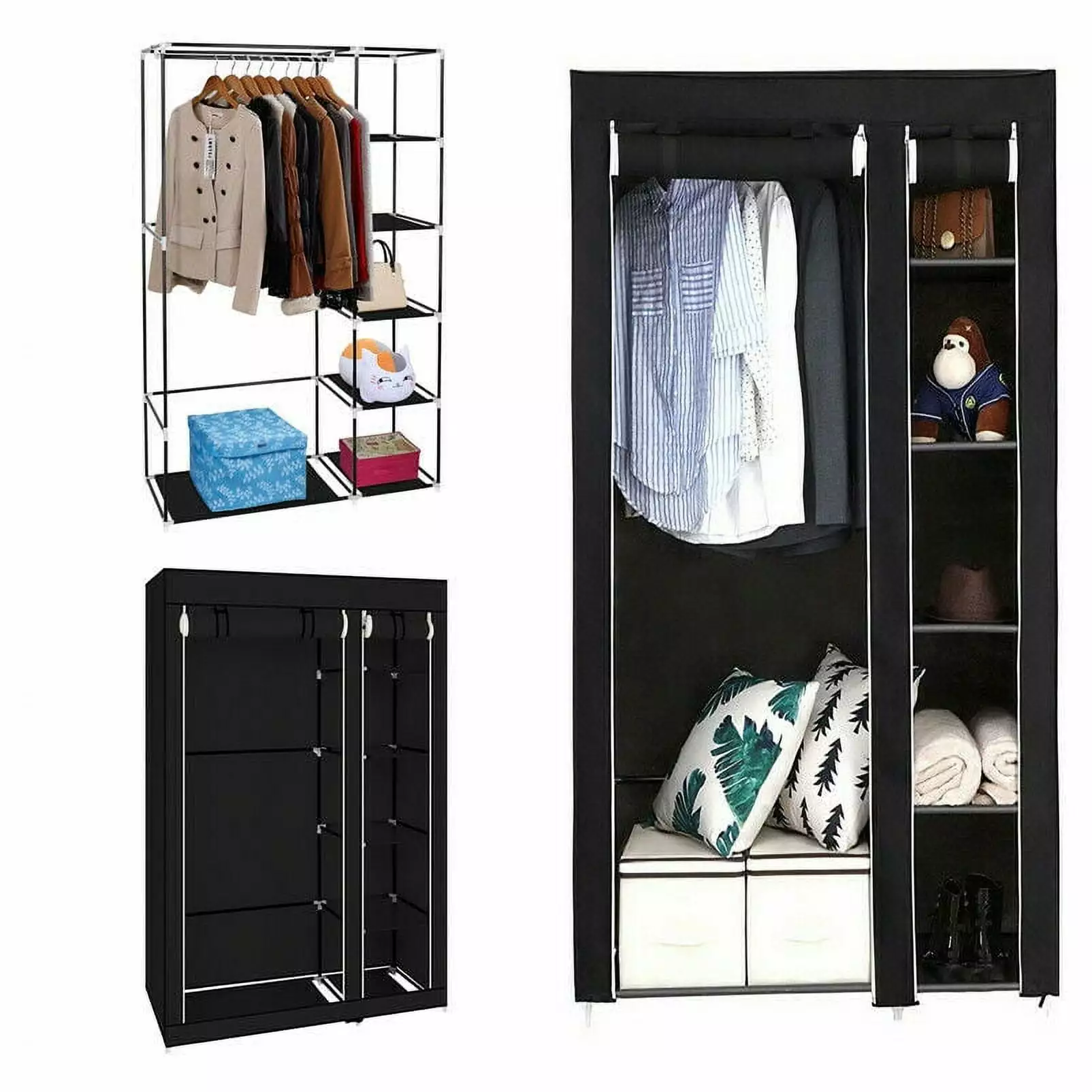 Wardrobe Storage Closet Portable Clothes Standing Shelves Organizer Non-Woven Fabric Rack DIY Armoire Storage with Hanging Rods