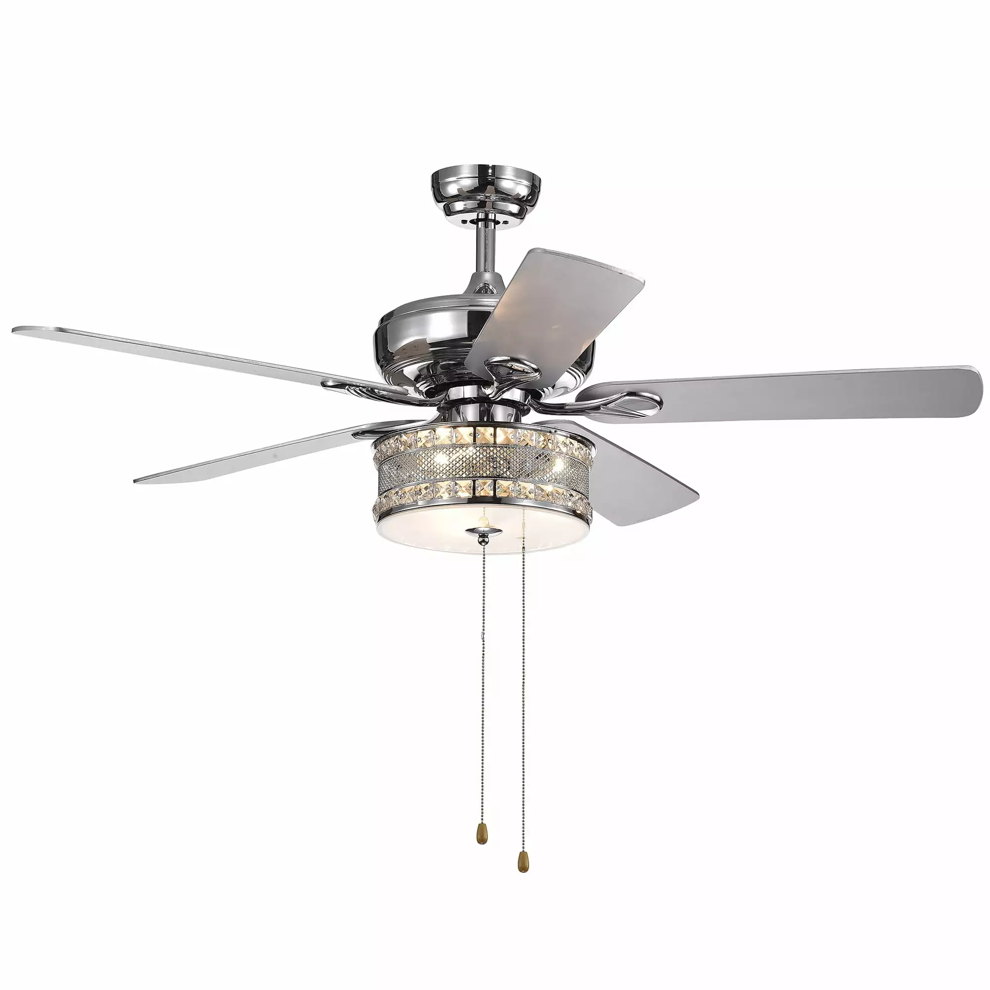 Warehouse of Tiffany Davrin 5-Blade 52-inch Chrome Lighted Ceiling Fans with 3-Light Crystal Drum Lamp