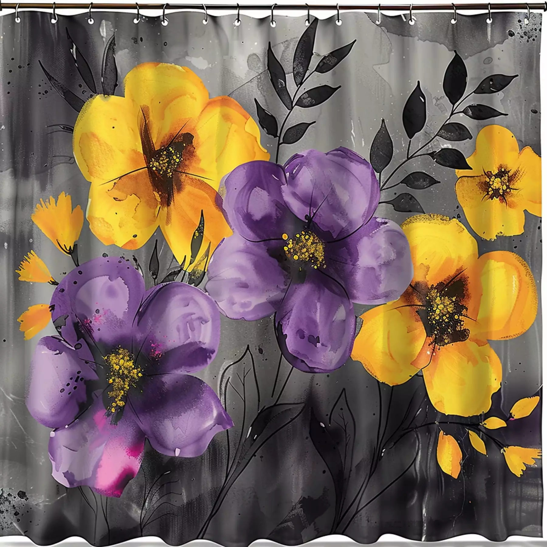 Watercolor Floral Shower Curtain Set Vibrant Yellow & Purple Flowers on Grey Background