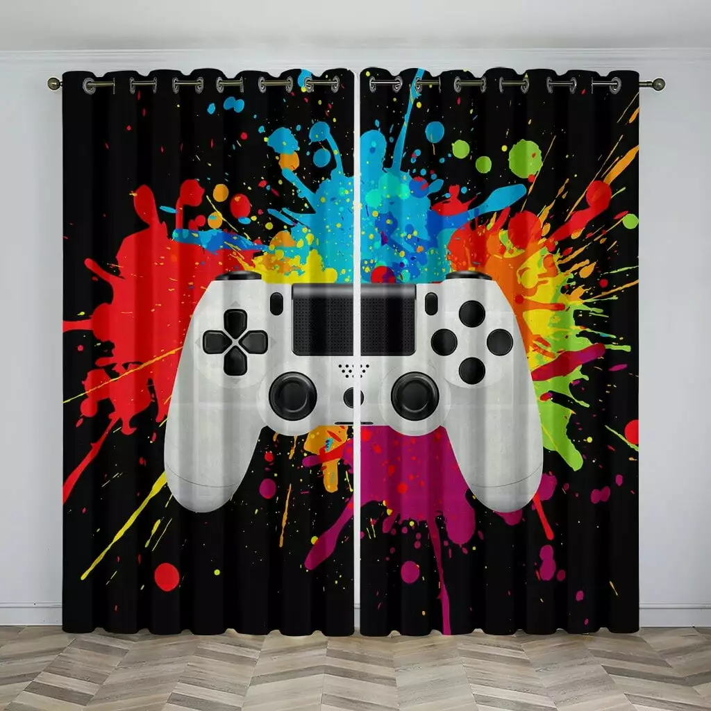 Watercolor Mobile Gaming E-Sports Printed Curtains Game Handles Light-Transmitting Decorative Curtains For Boys Room