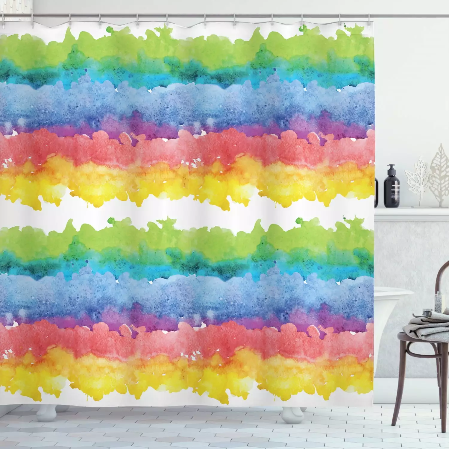 Ambesonne Cartoon Shower Curtain. Brushstrokes Watercolors. 69Wx70L. Multicolor