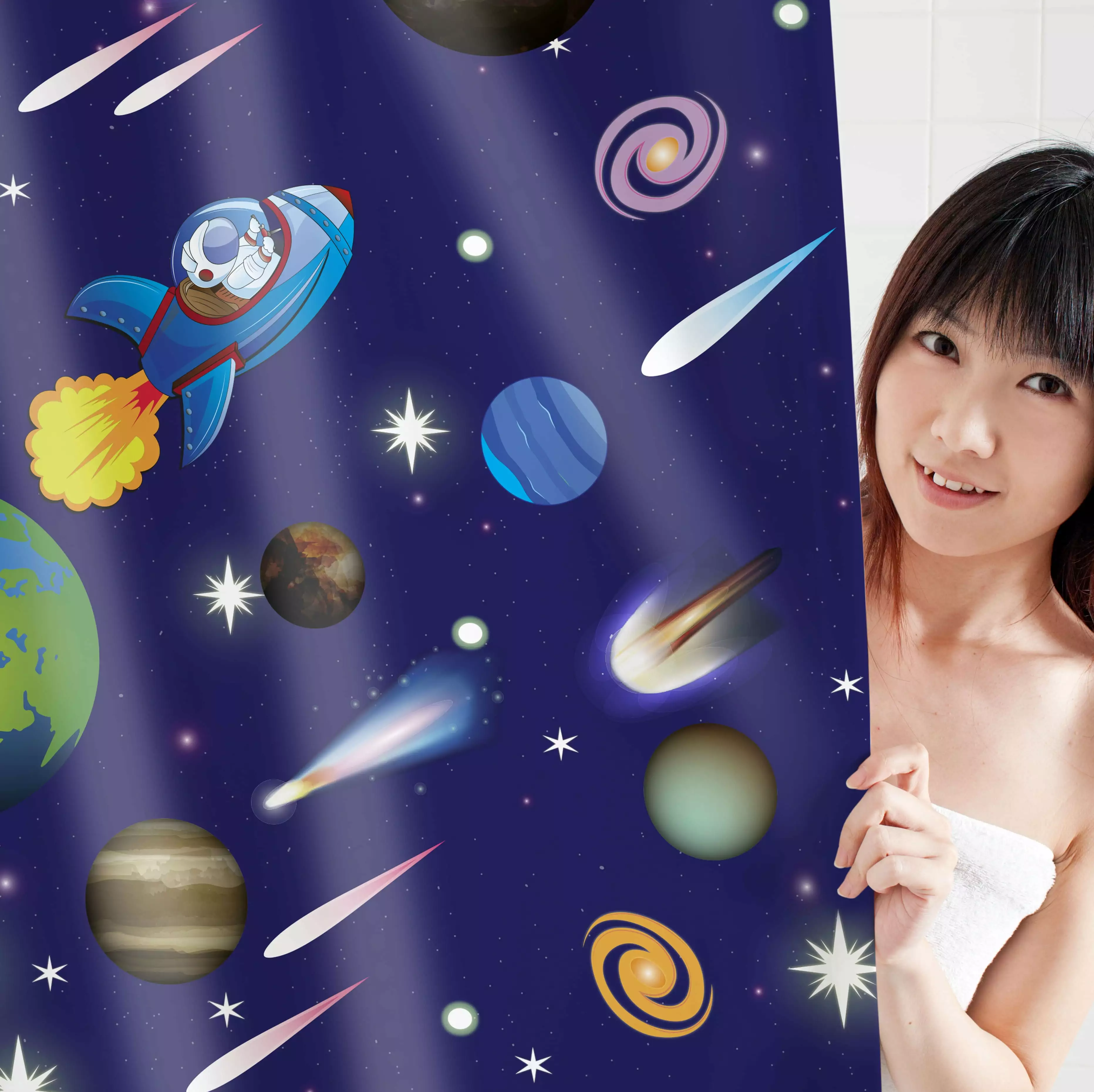 Waterproof. Dirt Resistant Shower Curtain. Space & Astronauts theme