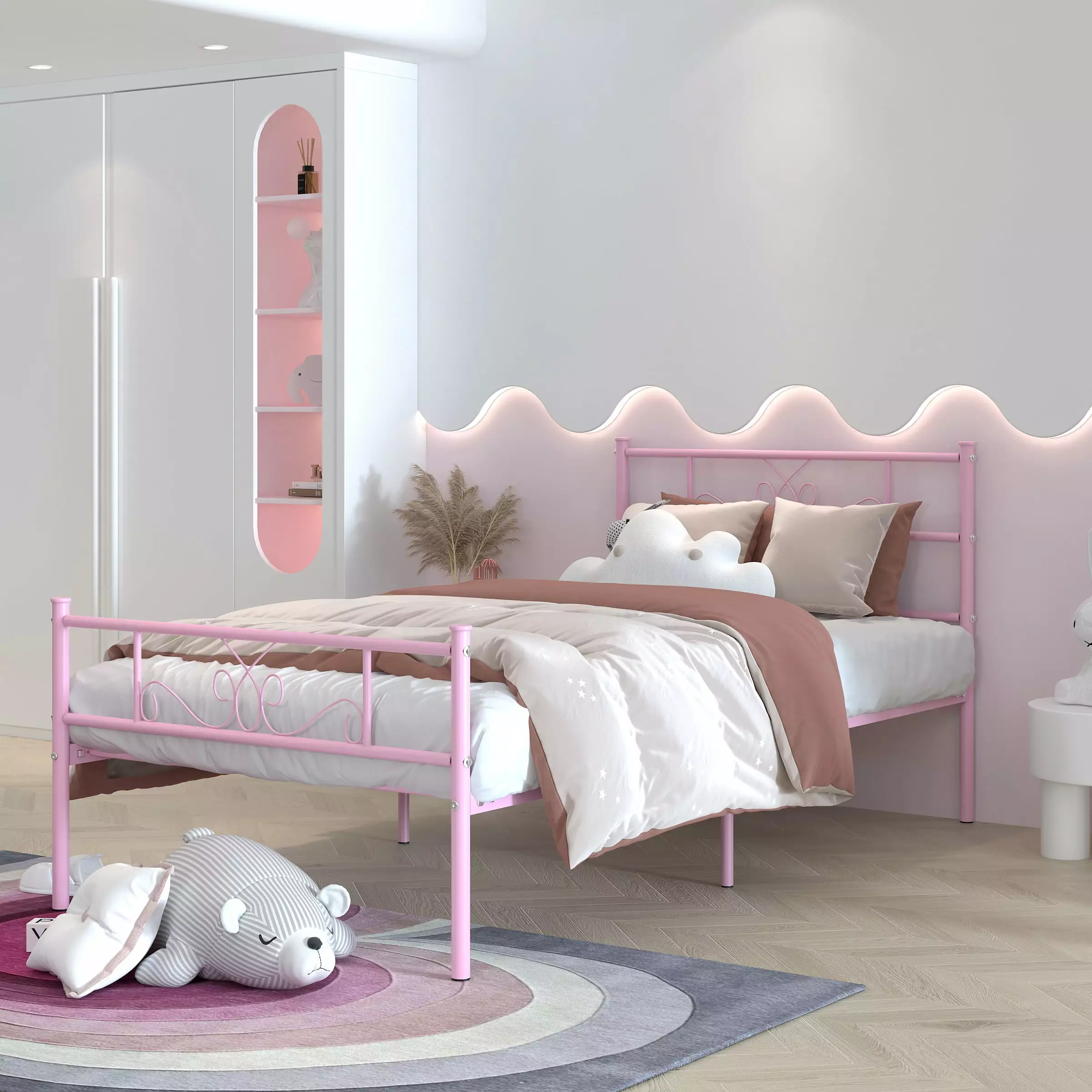 WeeHom Kids Twin Size Metal Bed Frame for Girls Mattress Foundation Platform Bed with Headboard for Bedroom. Pink