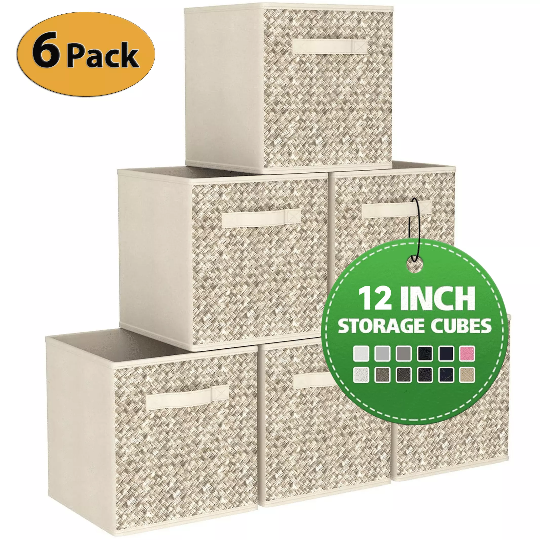 Werseon 12 Inch Storage Cubes with Handle. Set of 6 Foldable Cube Storage Bins. Collapsible Fabric Storage Boxes for Organizing Closet Bins-Beige