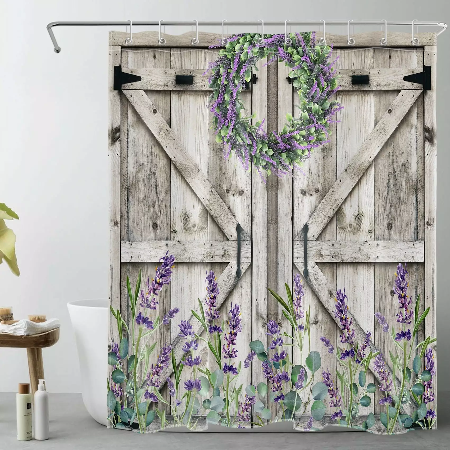 Western Barn Door Shower Curtain for Bathroom. Purple Lavender and Green Eucalyptus Wreath on Rustic Wood Boards Fabric Shower Curtain with Hooks. Botanical Bathroom Curtains Shower Set.60x72 inches