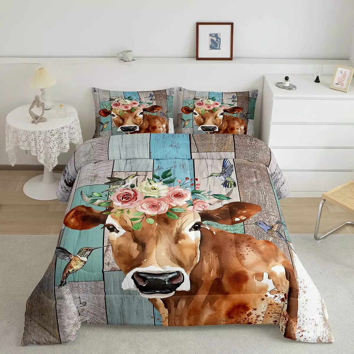 Western Cow Print Comforter Set for Cowboy Cowgirl Farmhouse Country Decor Bedding Set. Teens Floral Bull Cattle Twin Bed Comforter Set for Boys Rustic Vintage Old Barn Door Quilt Room Decor