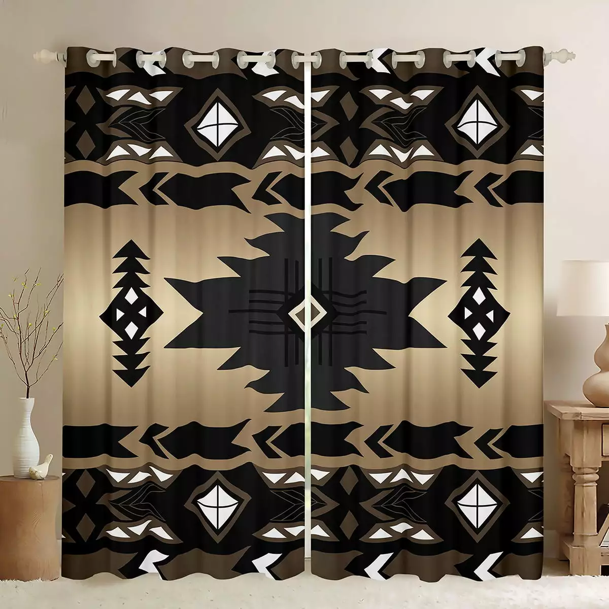 Western Decor.Vintage Exotic Geometry Blackout Curtains Boho Western Curtains 2 Panels 42Wx63L.Tribal Arrow Curtains & Drapes Aztec Western Home Decor Farmhouse Decor.Black Brown