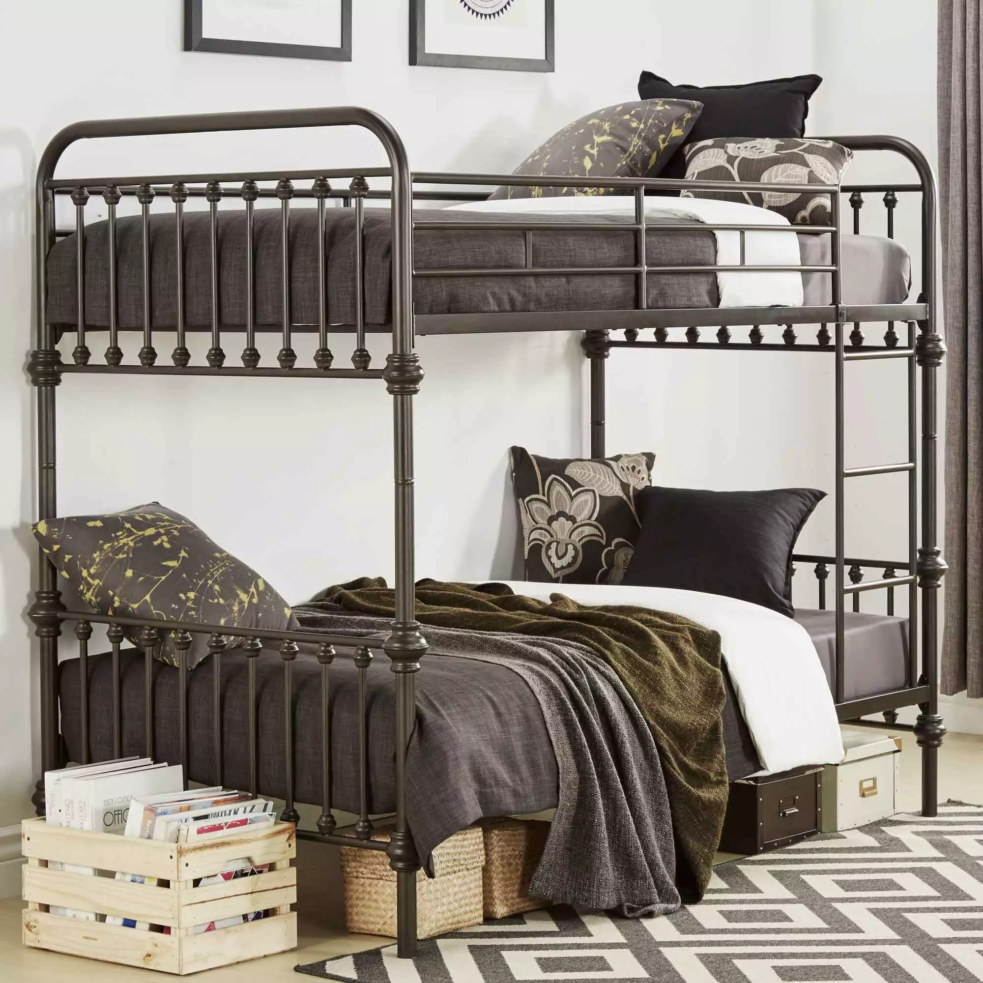 Weston Home Nottingham Twin over Twin Metal Bunk Bed with Ladder. Dark Bronze