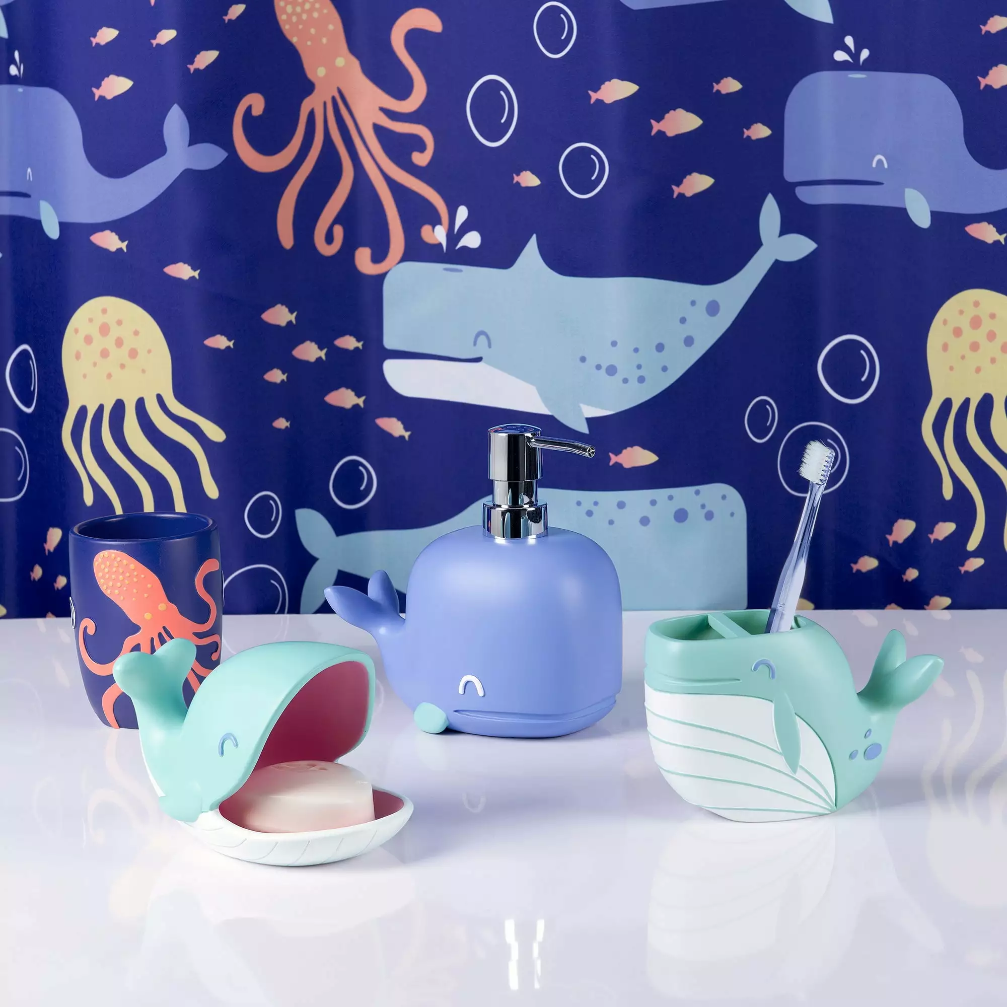 Whales 4-Piece Resin Bathroom Accessory Set