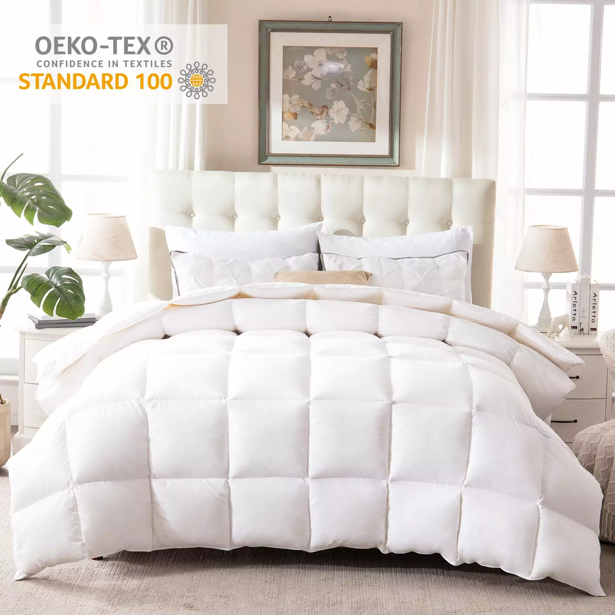 WhatsBedding Down Comforter Feather Duvet Insert Cotton Summer Cool White Goose Duck Down Comforter All Season Solid. Queen