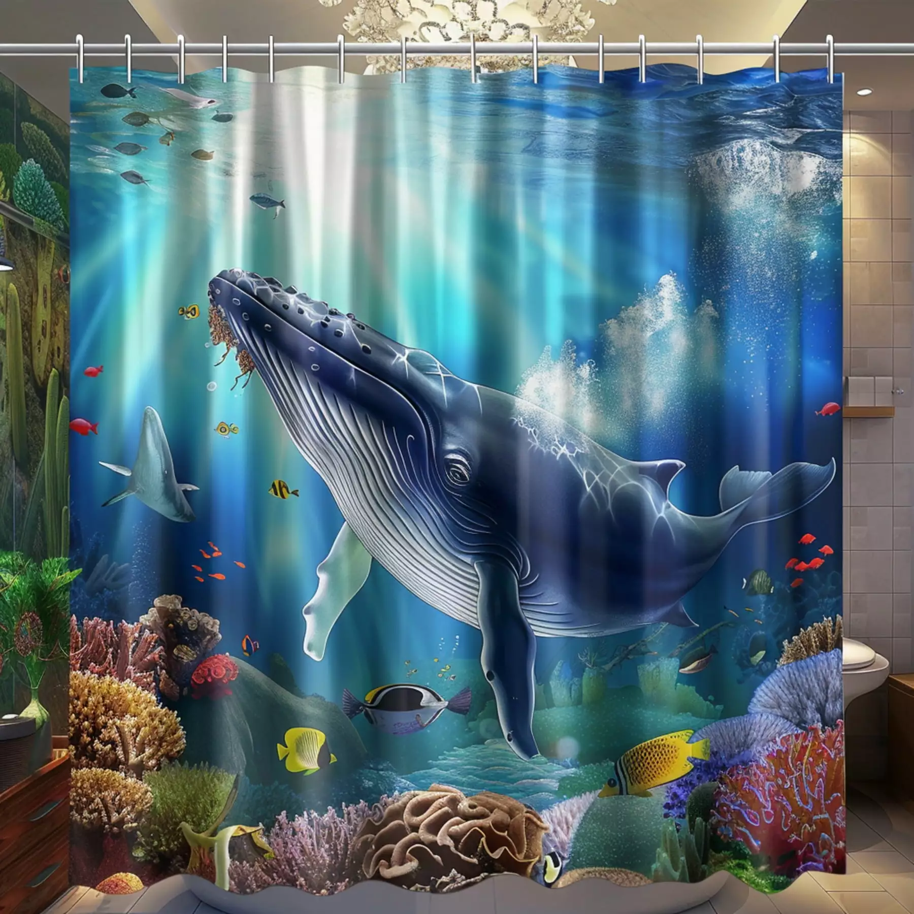 Whimsical Underwater World Shower Curtain Vibrant Ocean Scene in Pokemon Style