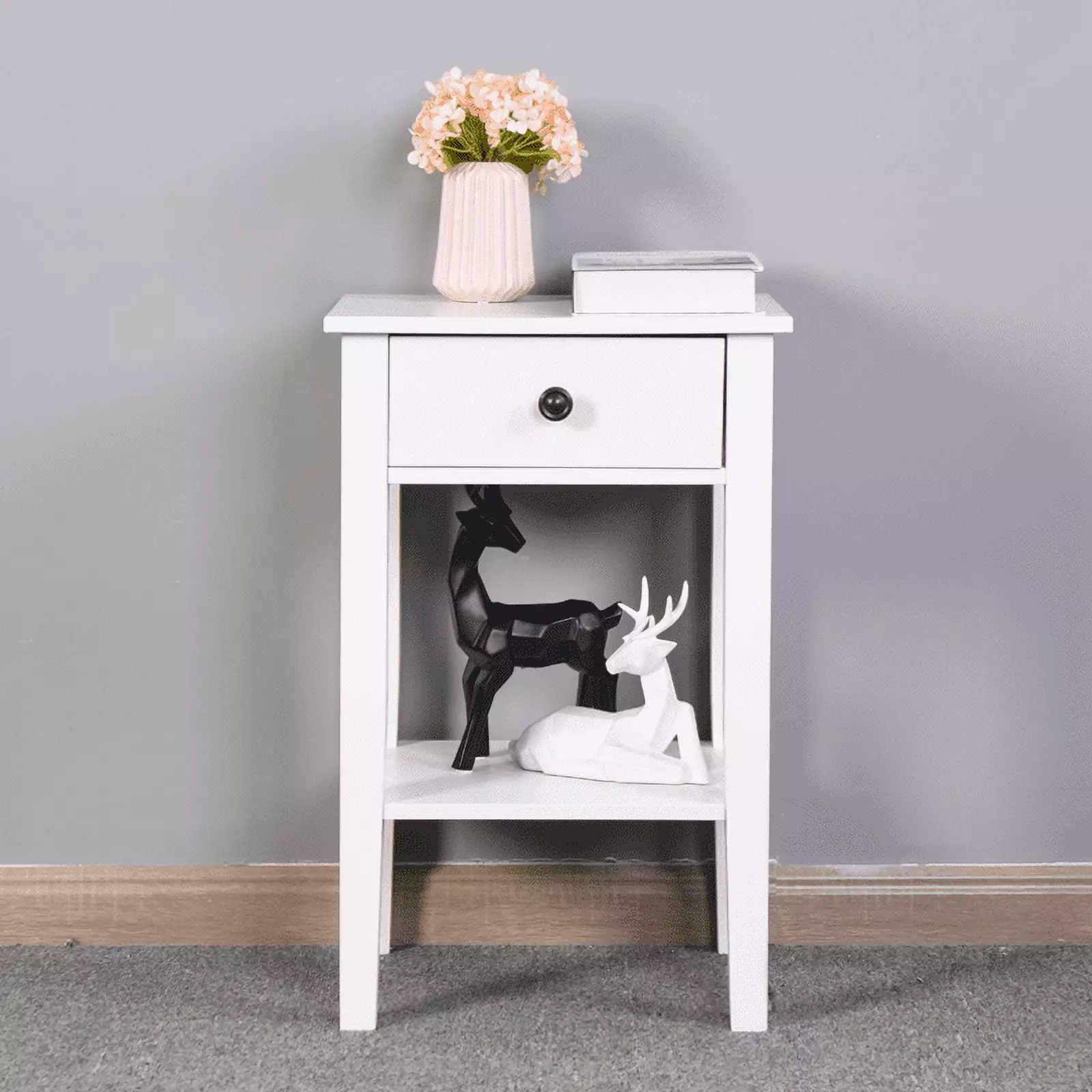 White Bathroom Floor-standing Storage Table with a Drawer. Side Table. Nightstand. MDF