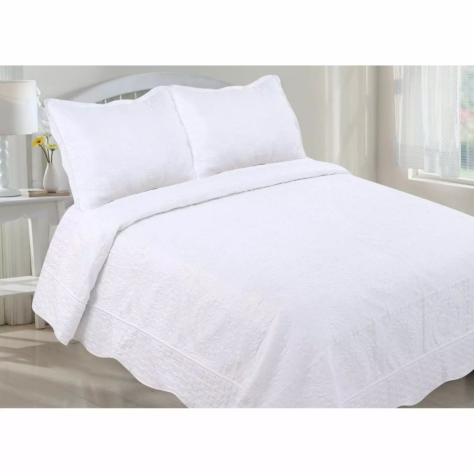 White Embroidery 3 Piece Quilt Set by LCM Home Fashions