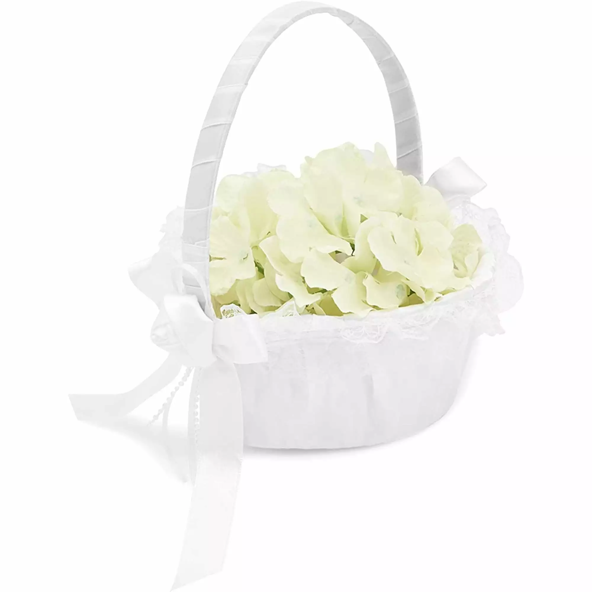 White Flower Girl Basket for Weddings - Heart-Shaped Flower Pedal Basket with Lace and Bows (6.2 x 8.7 x 7 In)