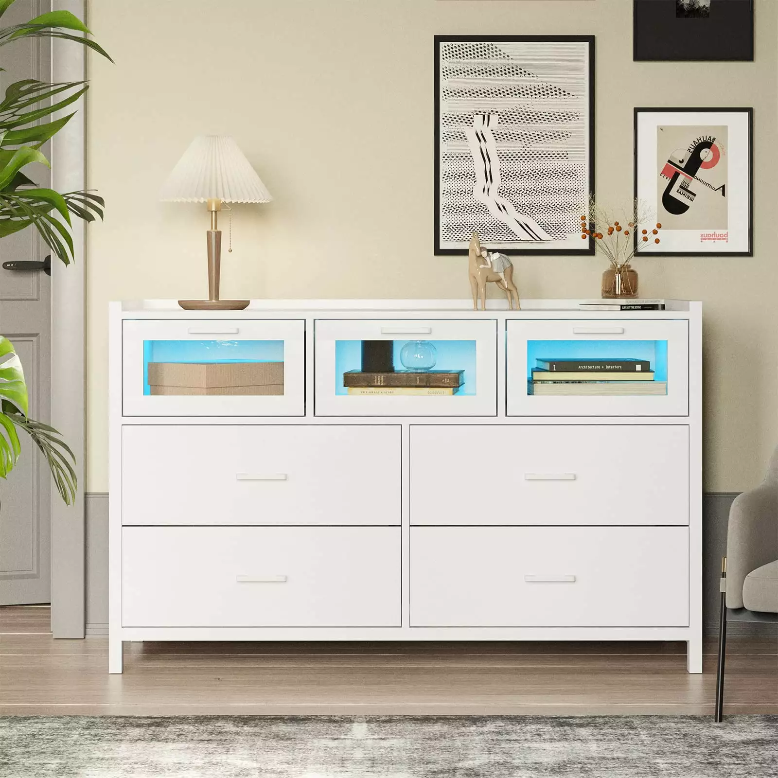 White LED Dresser for Bedroom.7 Drawer Dressers with LED Lights.Wooden Dressers & Chests of Drawers for Livingroom Kids Room