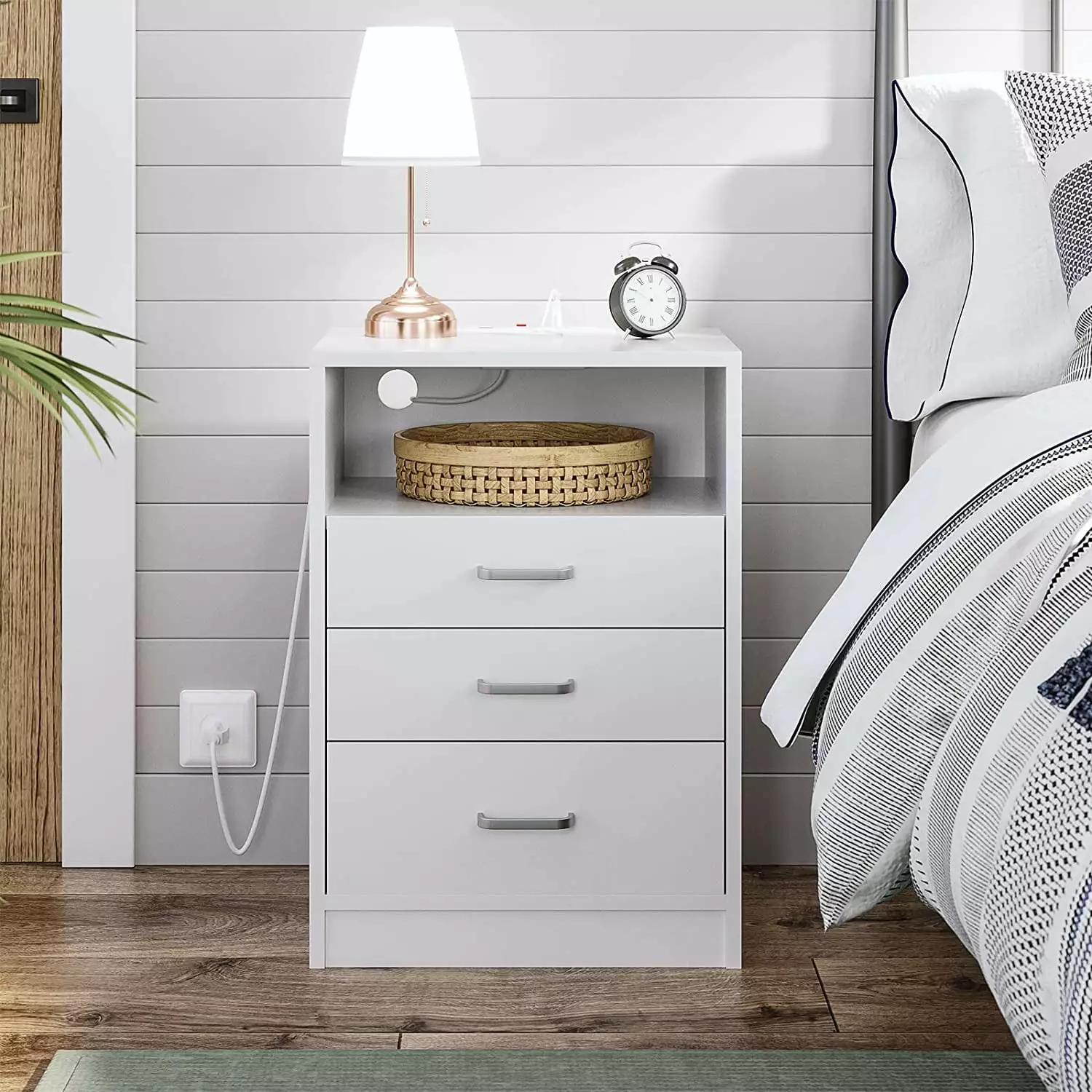 White Nightstand with 3 Drawers & USB Port. Sofa Side Storage Stand Cabinet with Open Storage for Bedroom Living Room