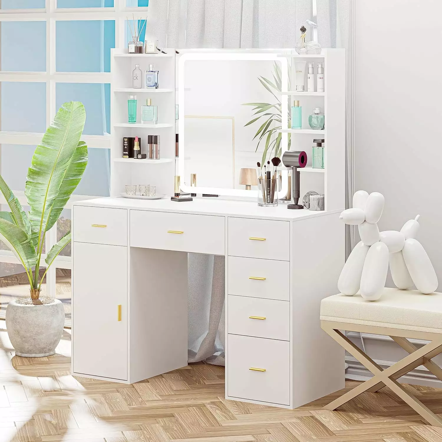 White Vanity Desk with Mirror & Lights. Vanity Table 6 Drawers & 8 Shelves. Large Makeup Desk