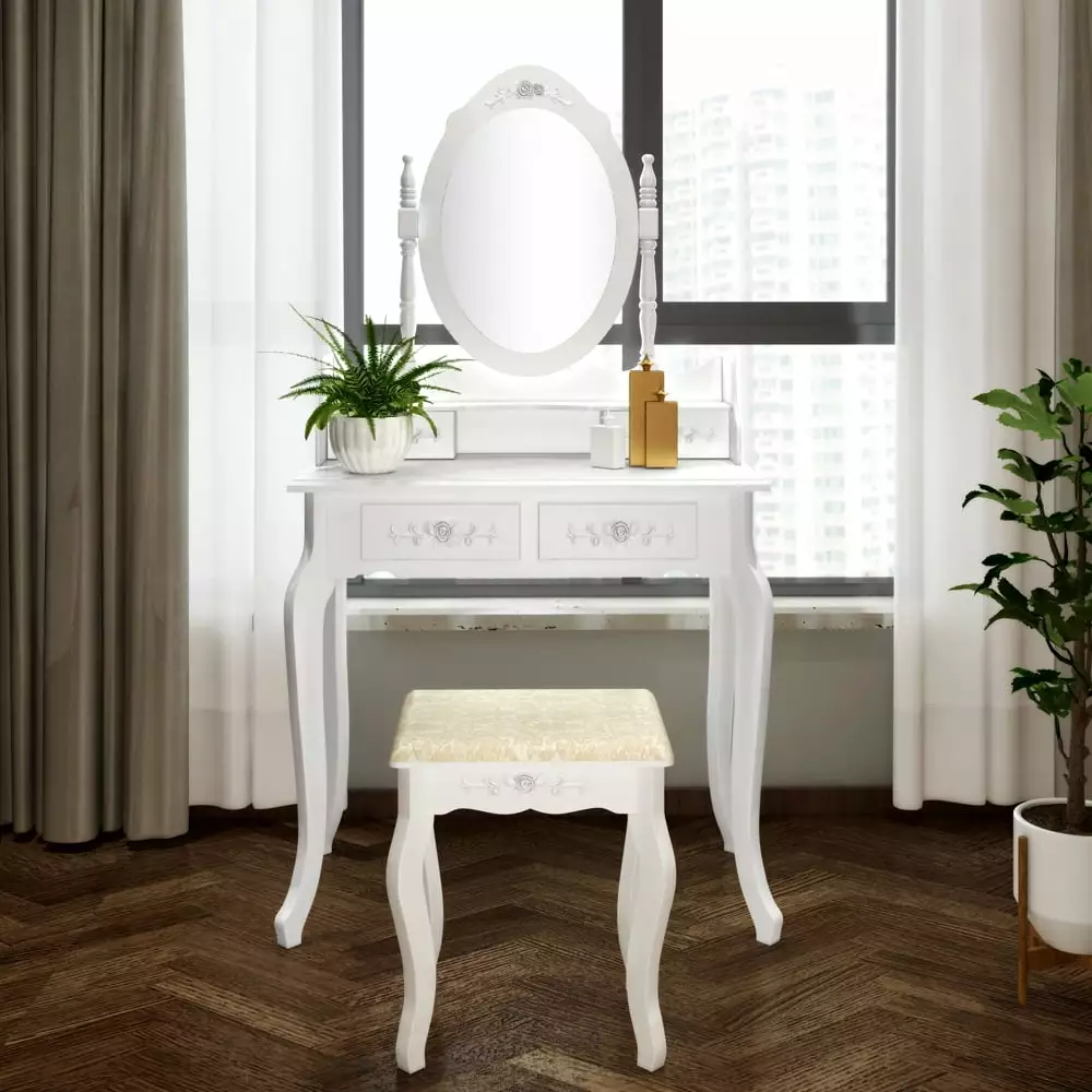 White Vanity Table for Teen Girls. 29.5''x 15.7'' x 56 Makeup Vanity Set with Cushioned Stool. 4-Drawer. 360-Degree Rotation Removable Top with Single Mirror for Teen Girls Bedroom. S9184