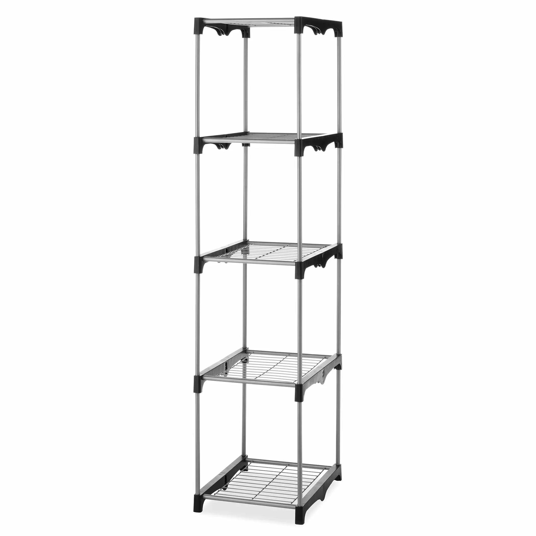 Whitmor 5-Tier Shelf Tower Closet System. Metal with Plastic Connectors. Silver and Black