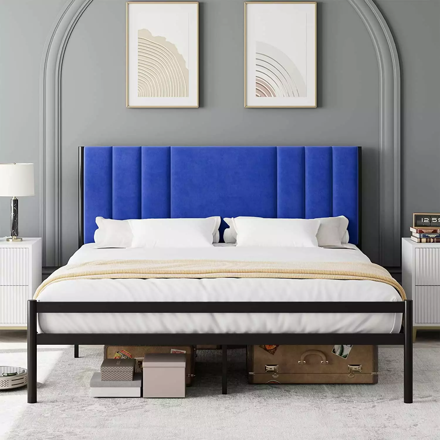 WhizMax Full Bed Frame. Platform Bed Frame with Velvet Headboard. Heavy Duty Metal Bed Frame with 15 Strong Slats Support. Box Spring Optional. Easy Assembly. Blue