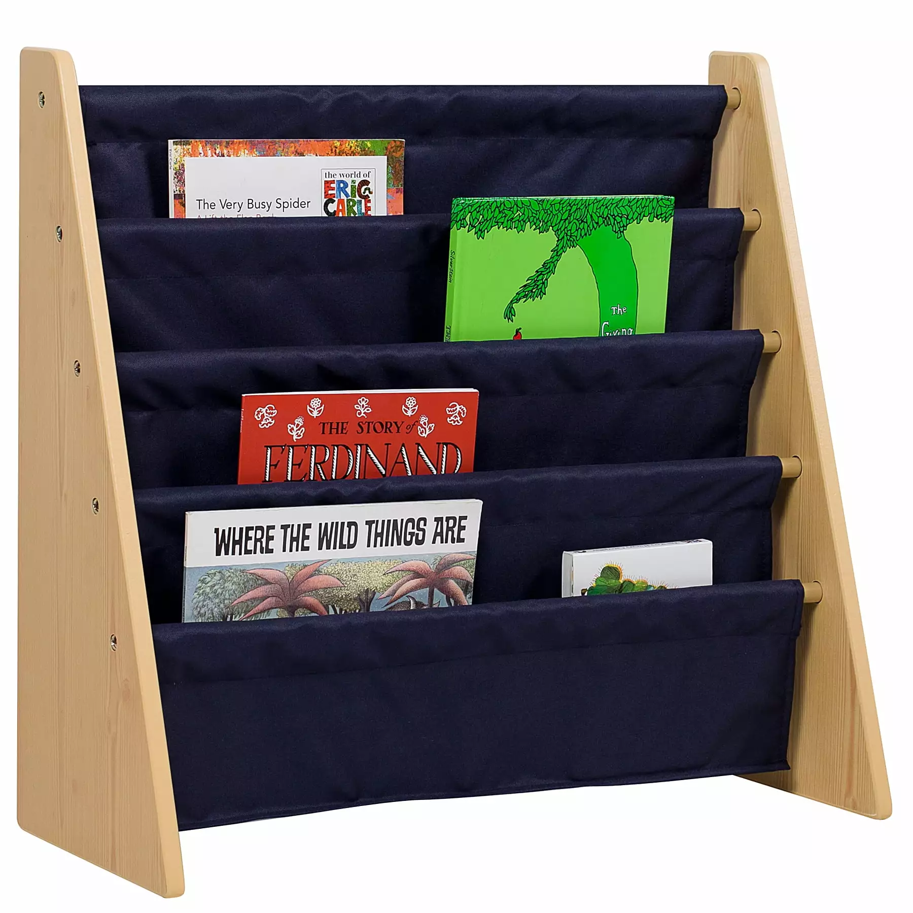 Wildkin Canvas Sling Book Shelf for Boys and Girls. Wooden Design Features Four Shelves - Natural w/ Blue