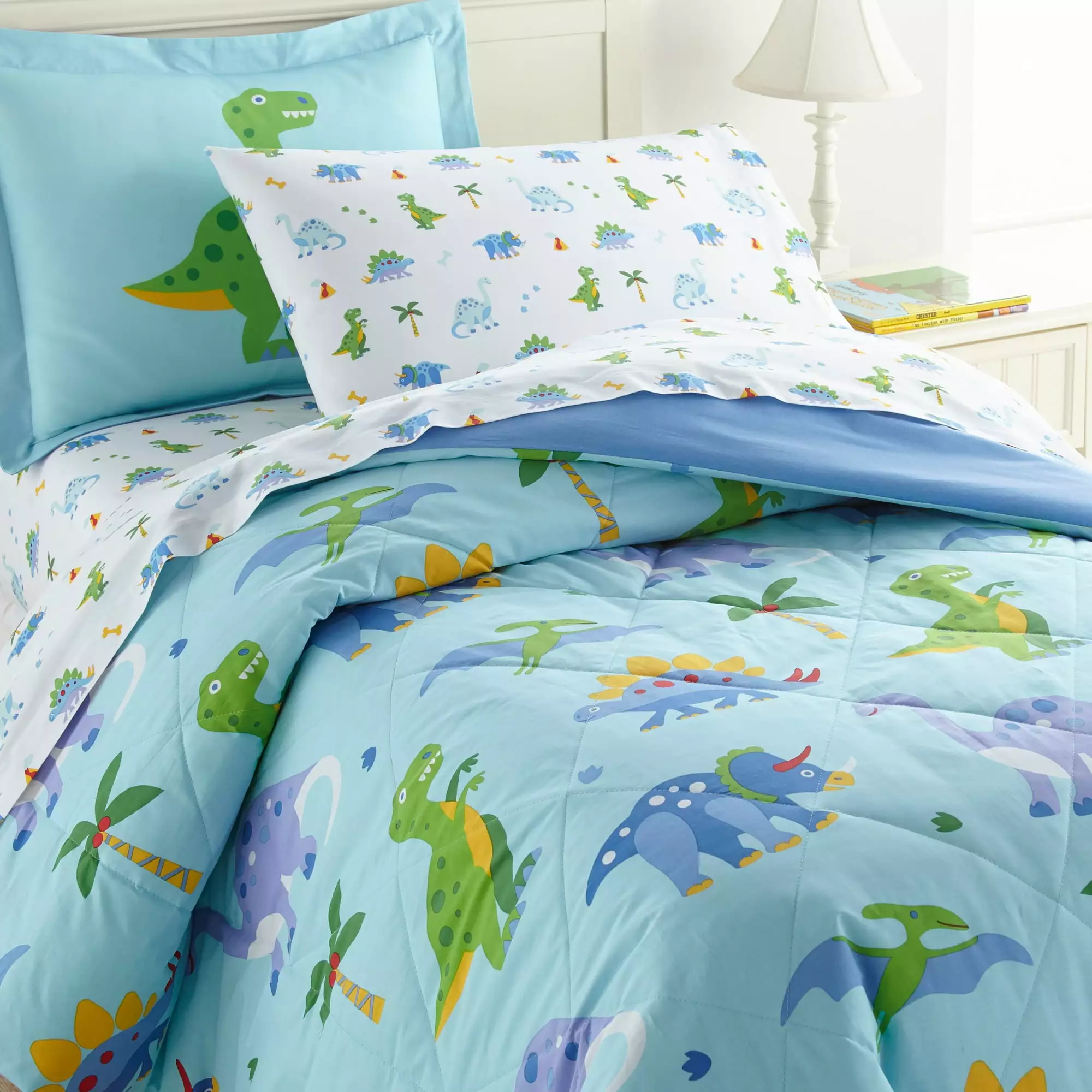 Wildkin Kids 100% Cotton Comforter Set for Boys and Girls. Includes Twin Comforter and Sham (Dinosaur Land Blue)