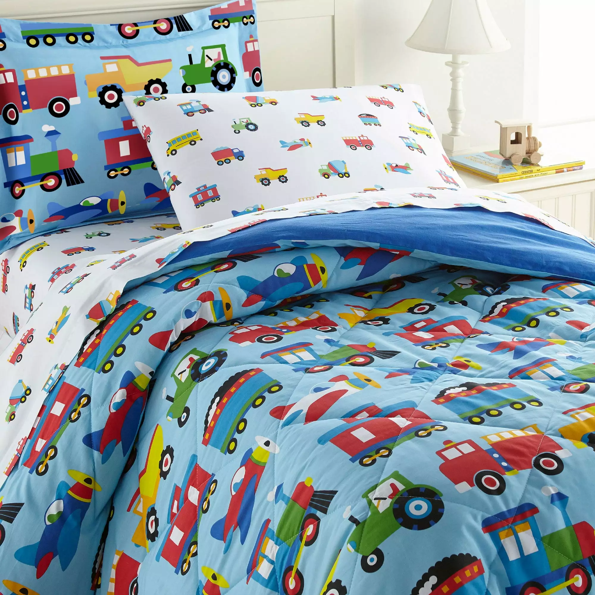 Wildkin Kids 100% Cotton Comforter Set for Boys and Girls. Includes Twin Comforter and Sham (Trains. Planes & Trucks Blue)