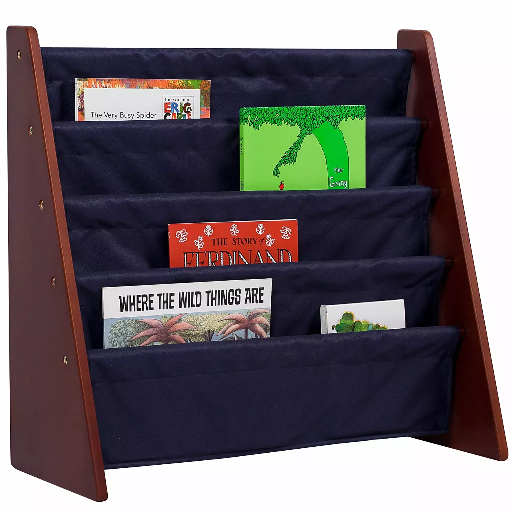 Wildkin Kids Canvas Sling Book Shelf for Boys and Girls. Wooden Design Features Four Shelves - Cherry w/ Blue