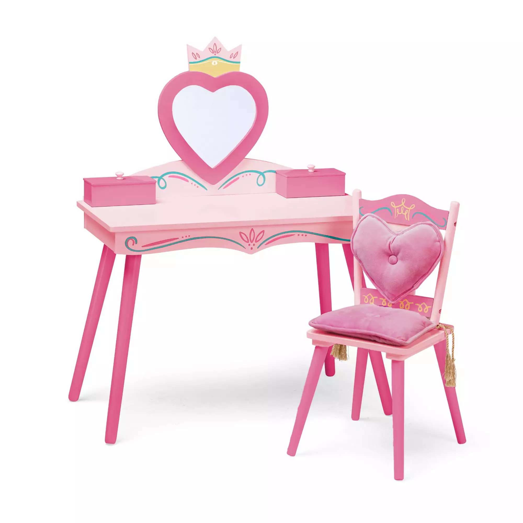 Wildkin Kids Princess Wooden Vanity Table and Chair Set for Girls. Pink