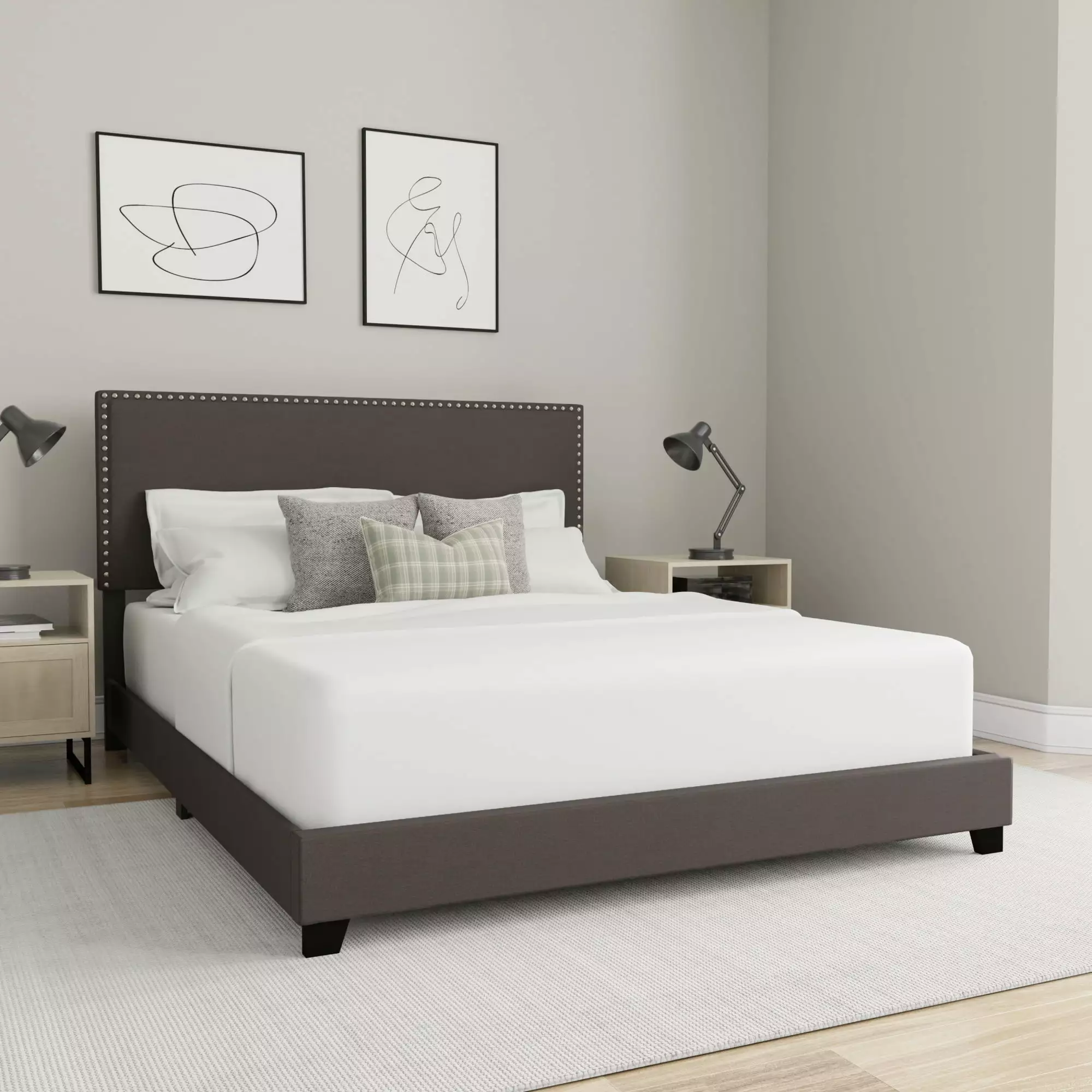 Willow Nailhead Trim Upholstered Queen Bed. Charcoal Fabric