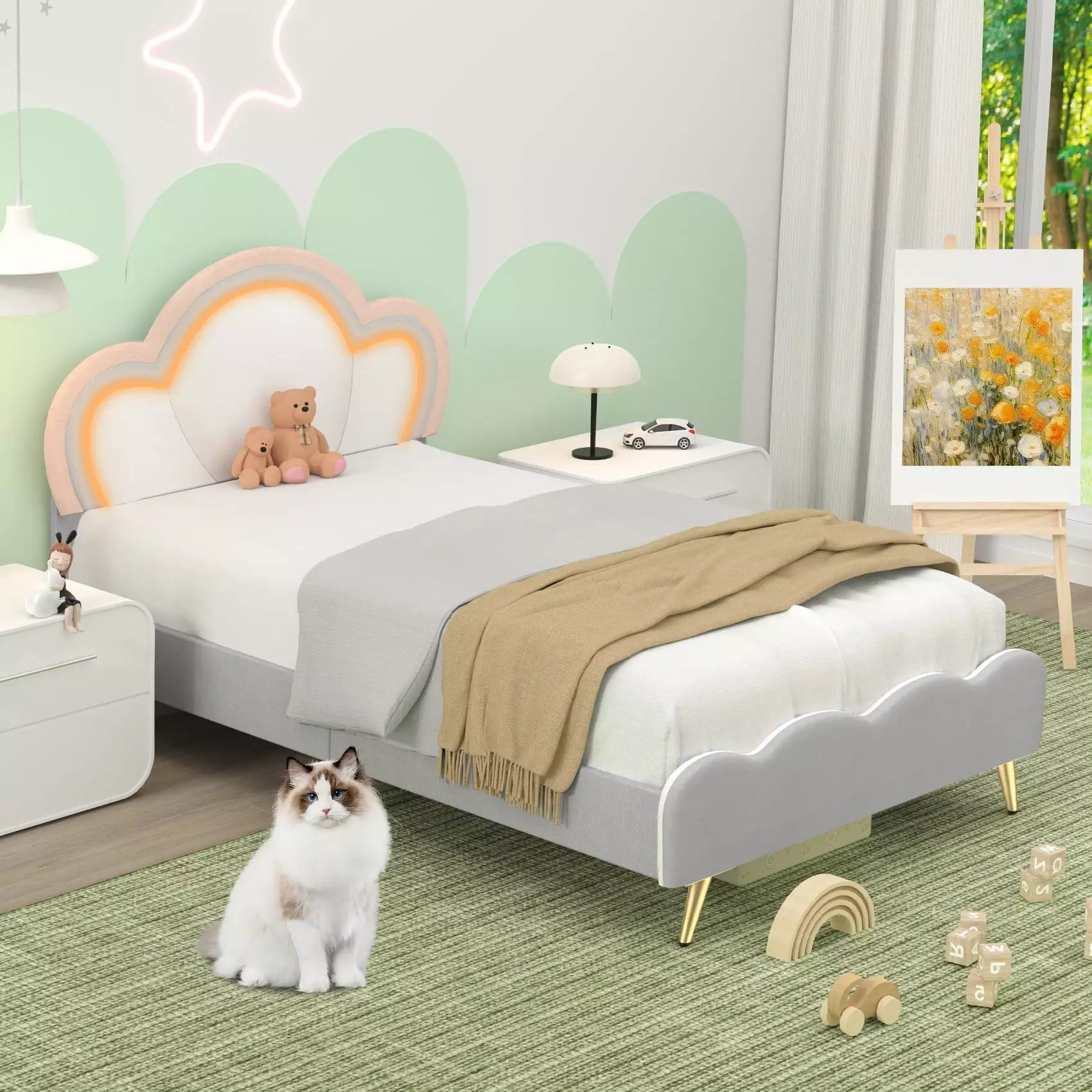 Winkalon LED Bed Frame.Twin Size Bed for Kids Girls.Velvet Upholstered Platform Bed with Adjustable Headboard.White