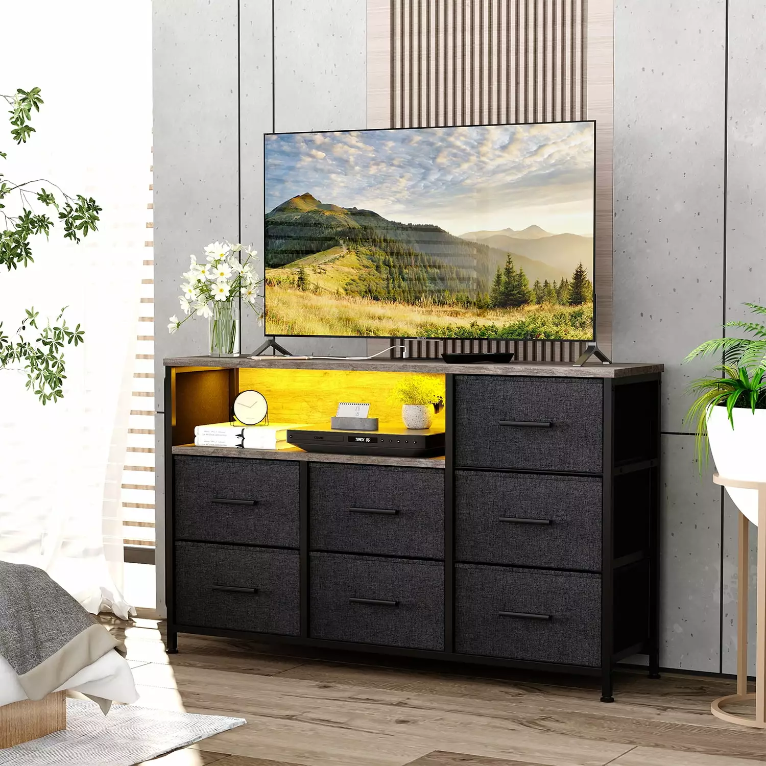 Winkalon Wide Dresser for Bedroom LED TV Stand with Power Outlet for 55'' TV with 7 Fabric Drawers Dresser with Entertainment Center for Bedroom.Living Room.Entryway.Grey