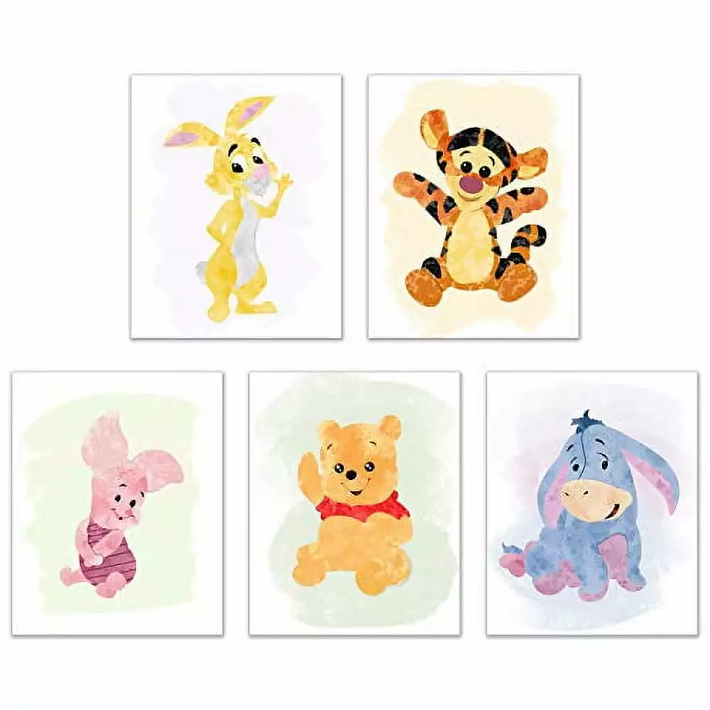 Winnie The Pooh Watercolour Art Nursery Prints (Set of 5 Photos - 8 inches x 10 inches) Piglet Tigger Eeyore Rabbit Childrens Wall Decor