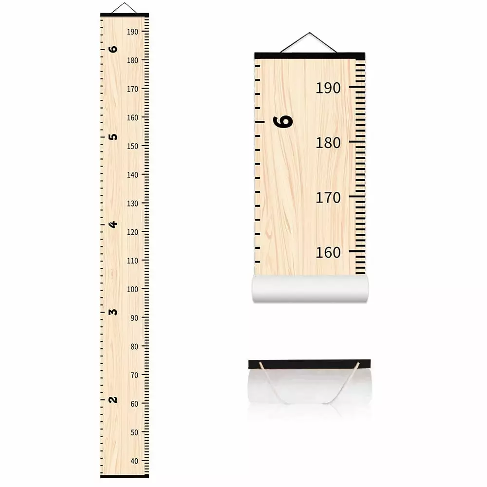 Wood Grain Scroll Hanging Height Measurement for Kids Ruler Wooden Frame Growth Chart for Nursery Girls Boys Playroom Girls Boys Playroom 63 x 7.9in